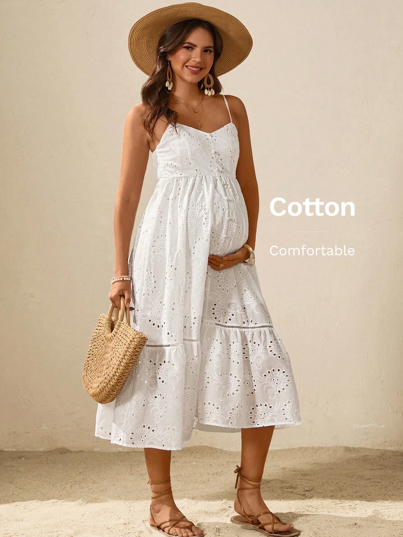Boho mama maternitate vacanță casual culoare solidă goală broderie spaghete curea rochie de vară ținute pentru femei