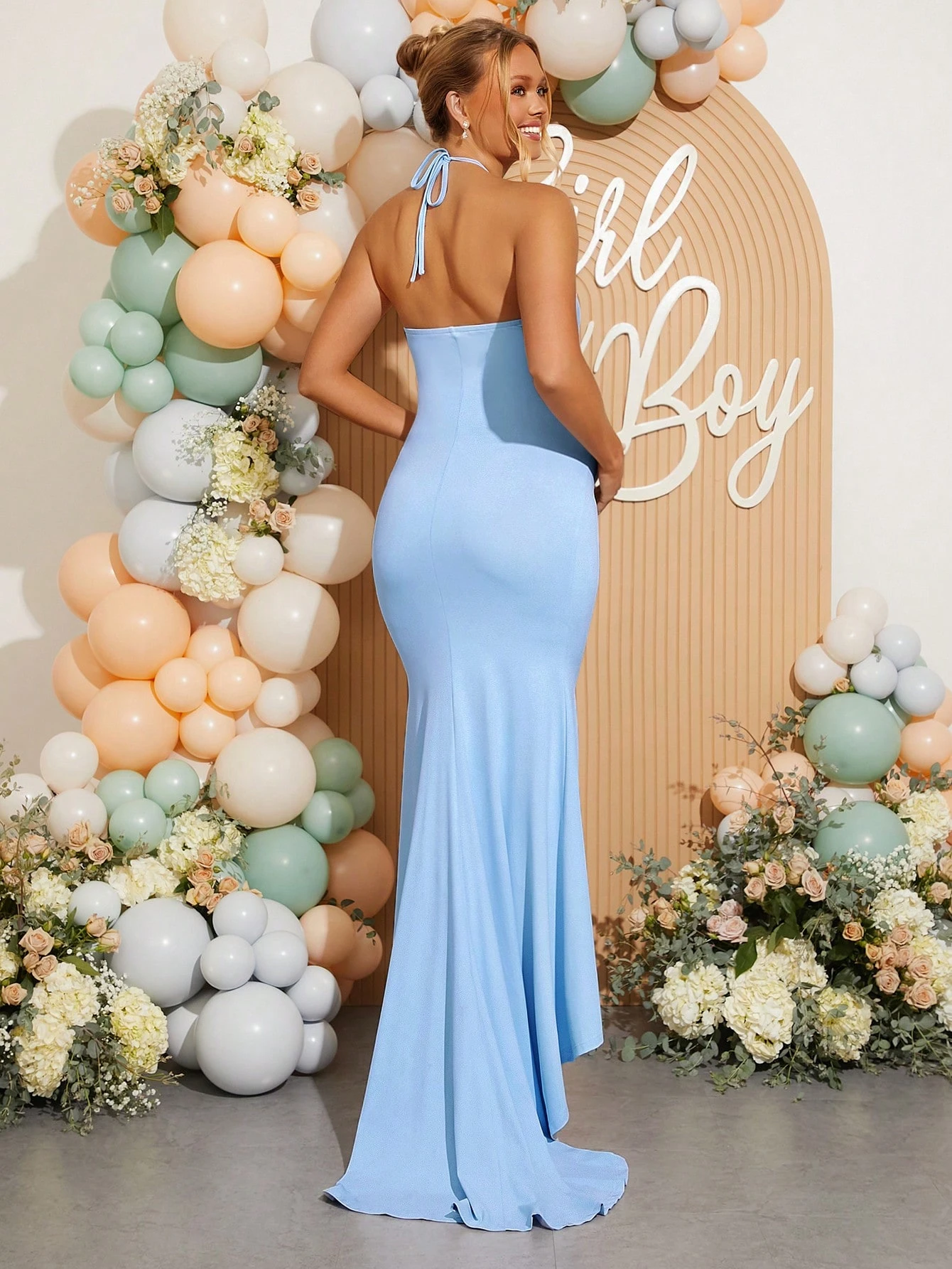 Enfarget, ensfarget kjole med 3D-blomsterdekor, elegant halterkjole med fiskehale, kjole for å avsløre kjønn, barselkjole, kjole til babyshower, bursdagsantrekk for kvinner, klubbantrekk