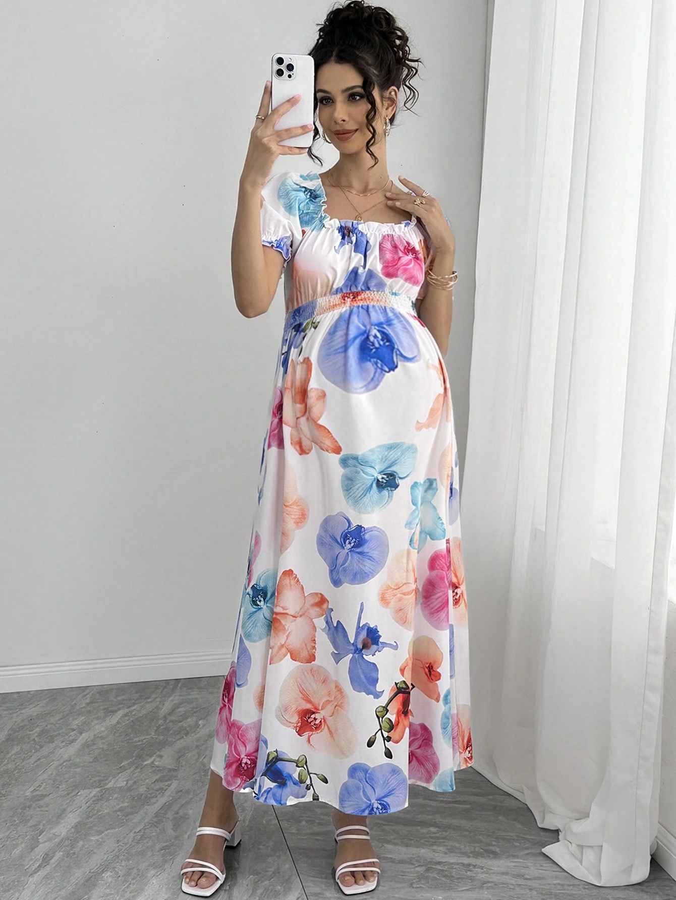 Rochie elegantă cu mâneci bufante și gât tip barcă cu imprimeu floral pentru maternitate pentru vacanța de vară