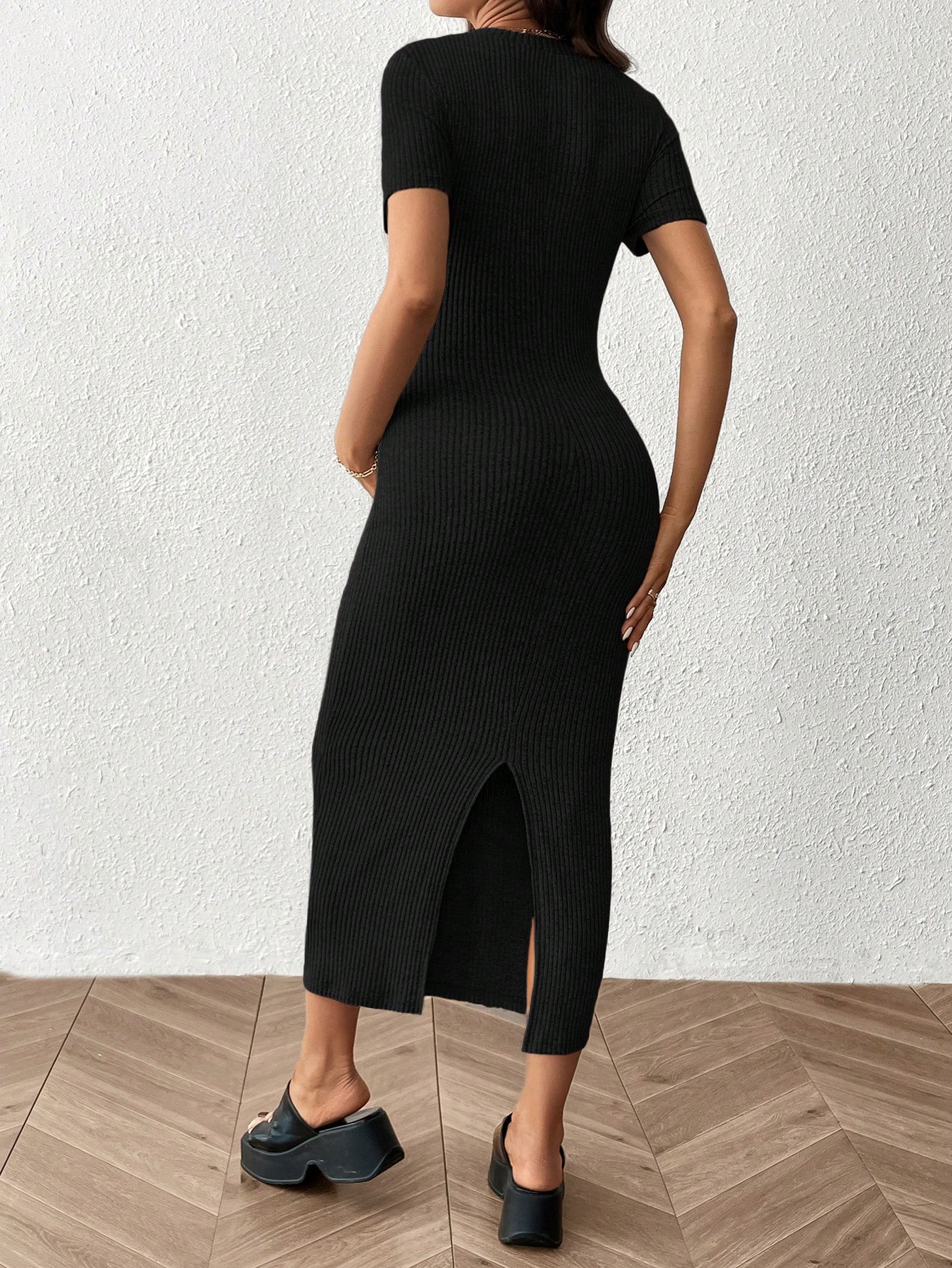 Rochie pentru gravide culoare solidă gât rotund cu mânecă scurtă ajustată rochie casual cu nervuri