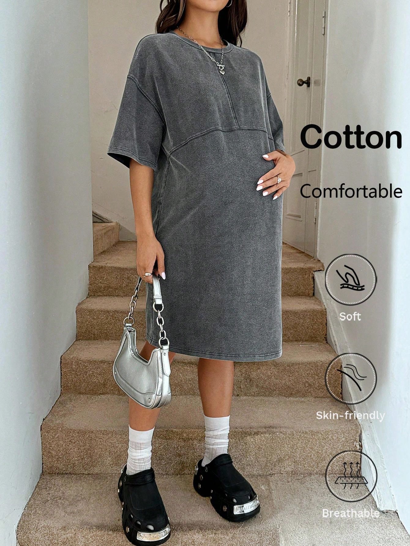Rochie de maternitate culoare solidă picătură umăr rotund gât distressed casual rochie de vară y2k haine