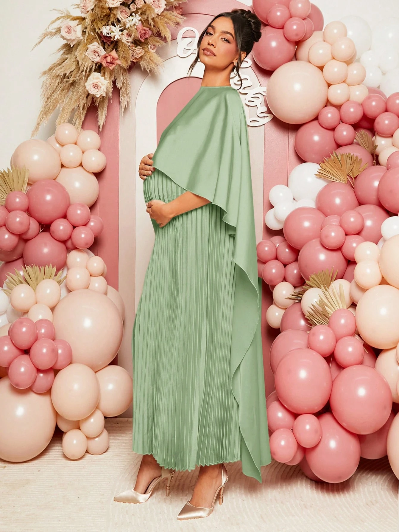 Femei gravide culoare solidă elegant plisat guler șal rochie rochie de maternitate