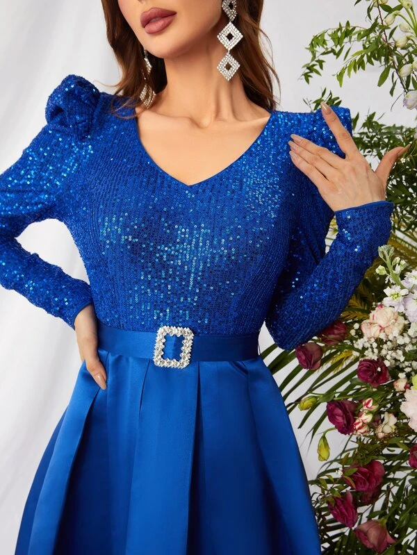 Glamurozna maxi haljina s puf rukavima – indigo plava