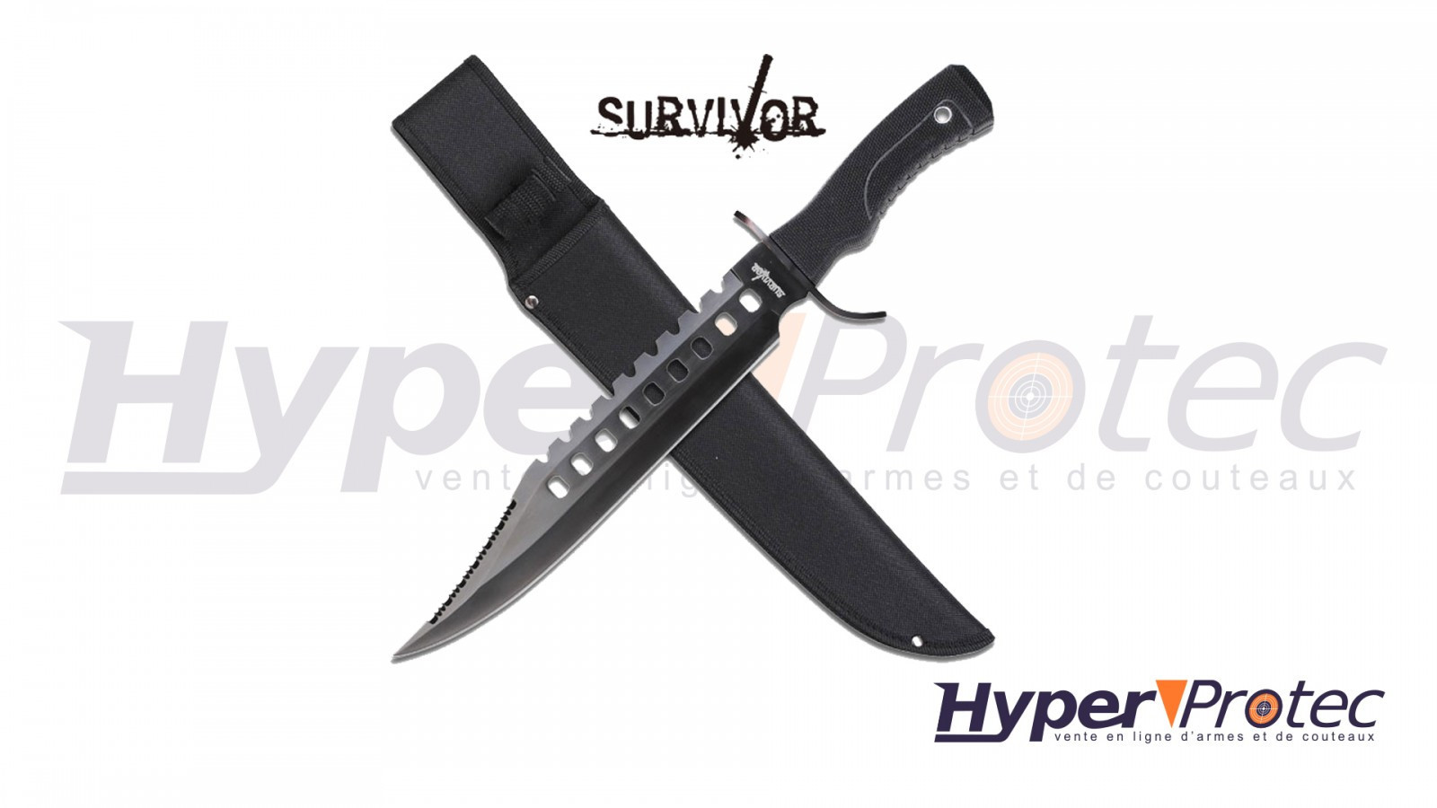 Cuțit de luptă Survivor tip Rambo cu lamă neagră și toc din nailon