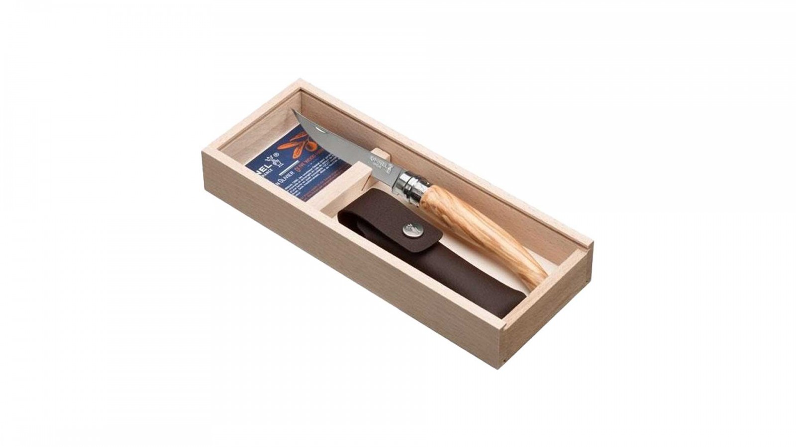 Trusă Opinel cu cuțit ascuțit din lemn de măslin de 10 cm și toc