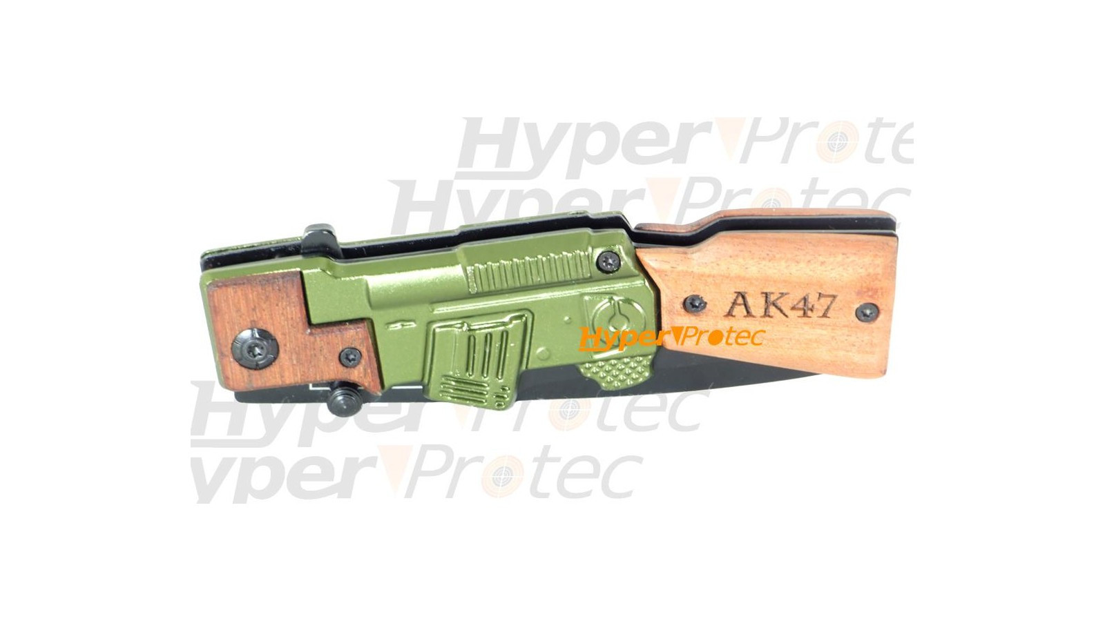 Cuțit pliant cu lamă neagră ak47 din lemn și metal verde