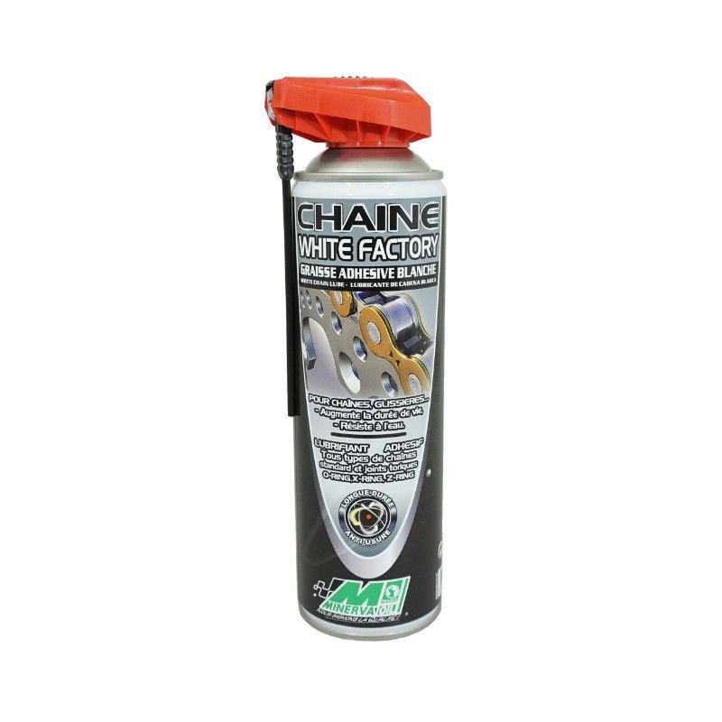 Minerva mast za lanats mototsikla, beli fabrichki lepljivi lanats, za put/off road/tsross (500 ml aerosol)