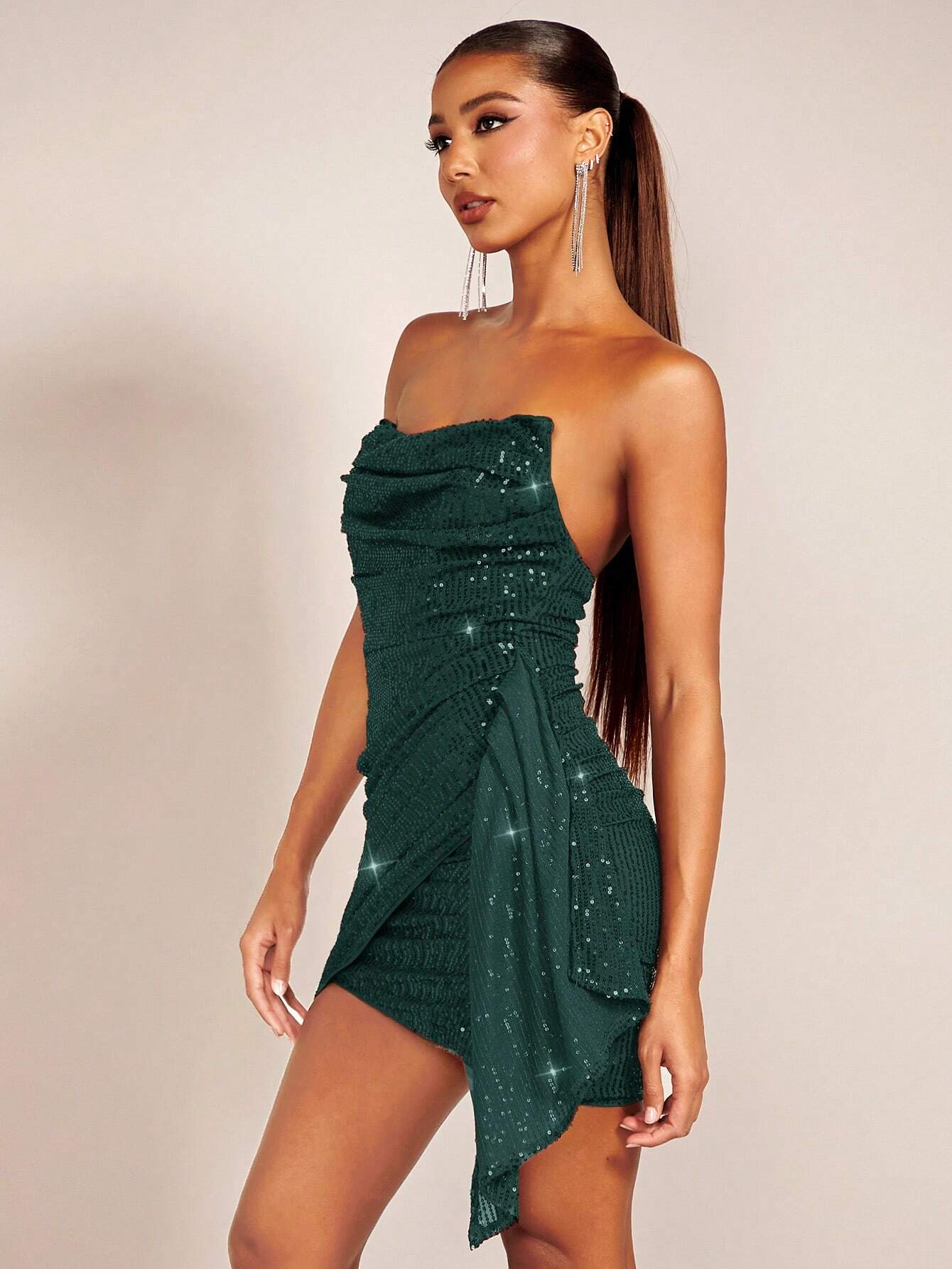 Rochie corset scurtă plisată cu bustieră verde brad pentru femei cu detalii din dantelă și paiete