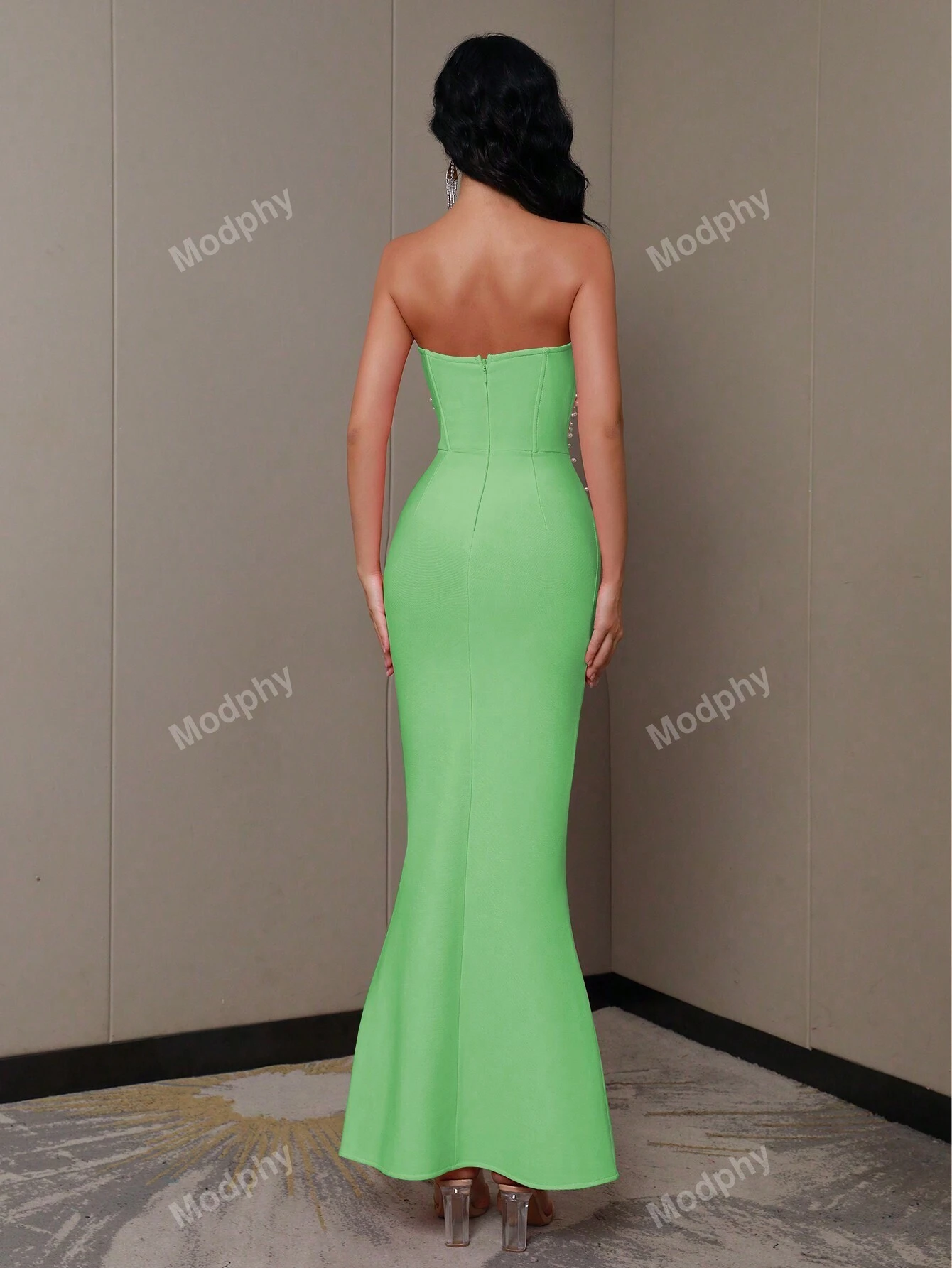 Noua sosire lung corset rochie verde sirena seara cu bandaj lung corset rochie verde seara sexy roz strapless pentru femei cu margele și perle embellishments