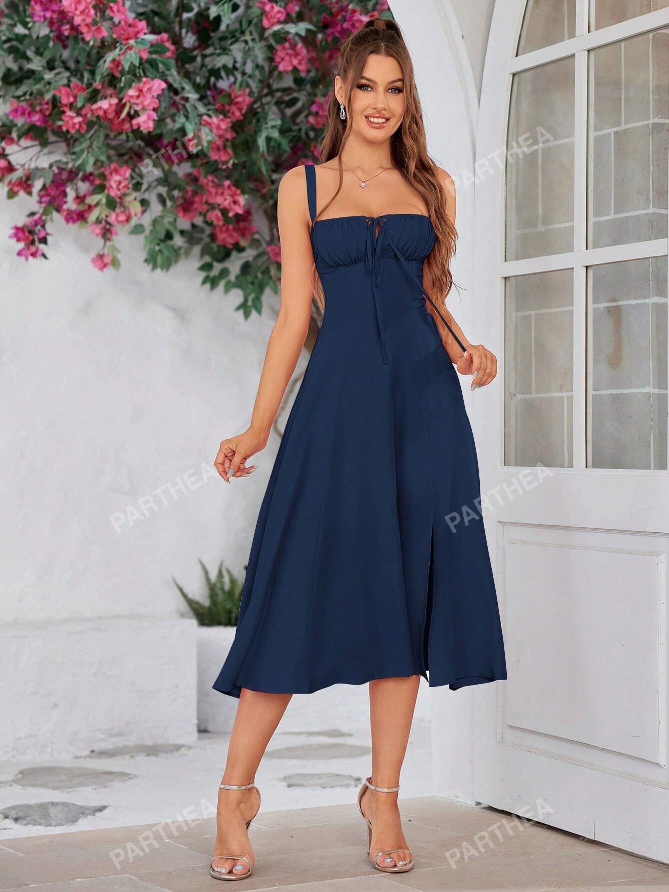 Rochie corset lungă elegantă, de vară, de culoare albastru marin, cu cămașă corset cu dantelă la spate, în culoare solidă, cu încrețituri și balene