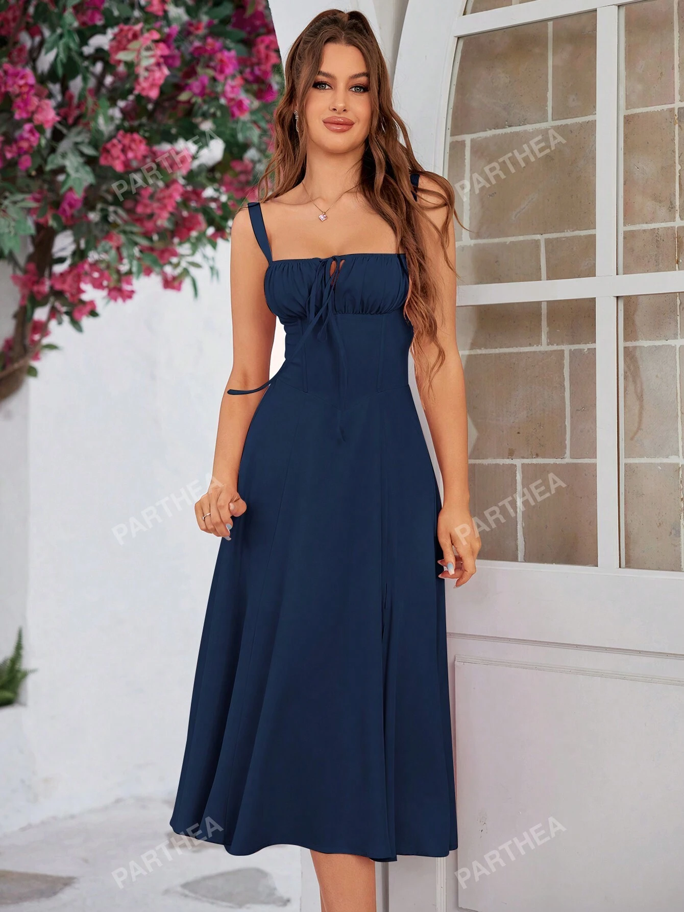 Rochie corset lungă elegantă, de vară, de culoare albastru marin, cu cămașă corset cu dantelă la spate, în culoare solidă, cu încrețituri și balene