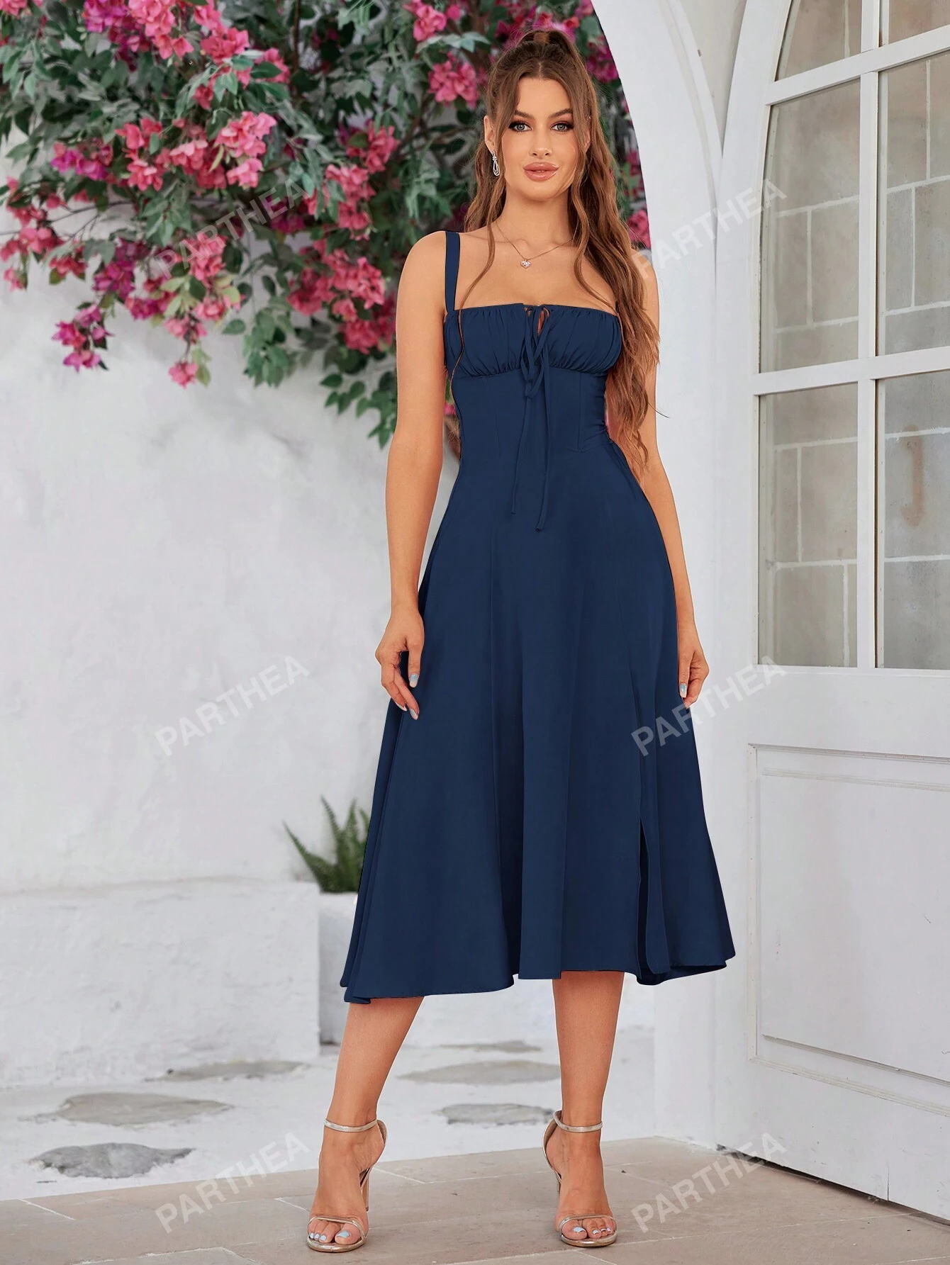 Rochie corset lungă elegantă, de vară, de culoare albastru marin, cu cămașă corset cu dantelă la spate, în culoare solidă, cu încrețituri și balene