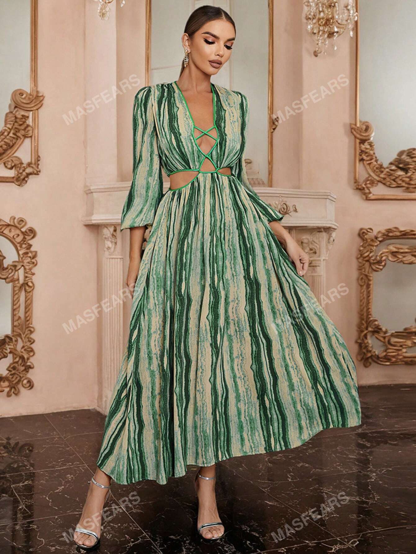 Rochie corset simplă și elegantă, lungă, verde brad, cu mâneci balon și decolteu adânc în formă de v