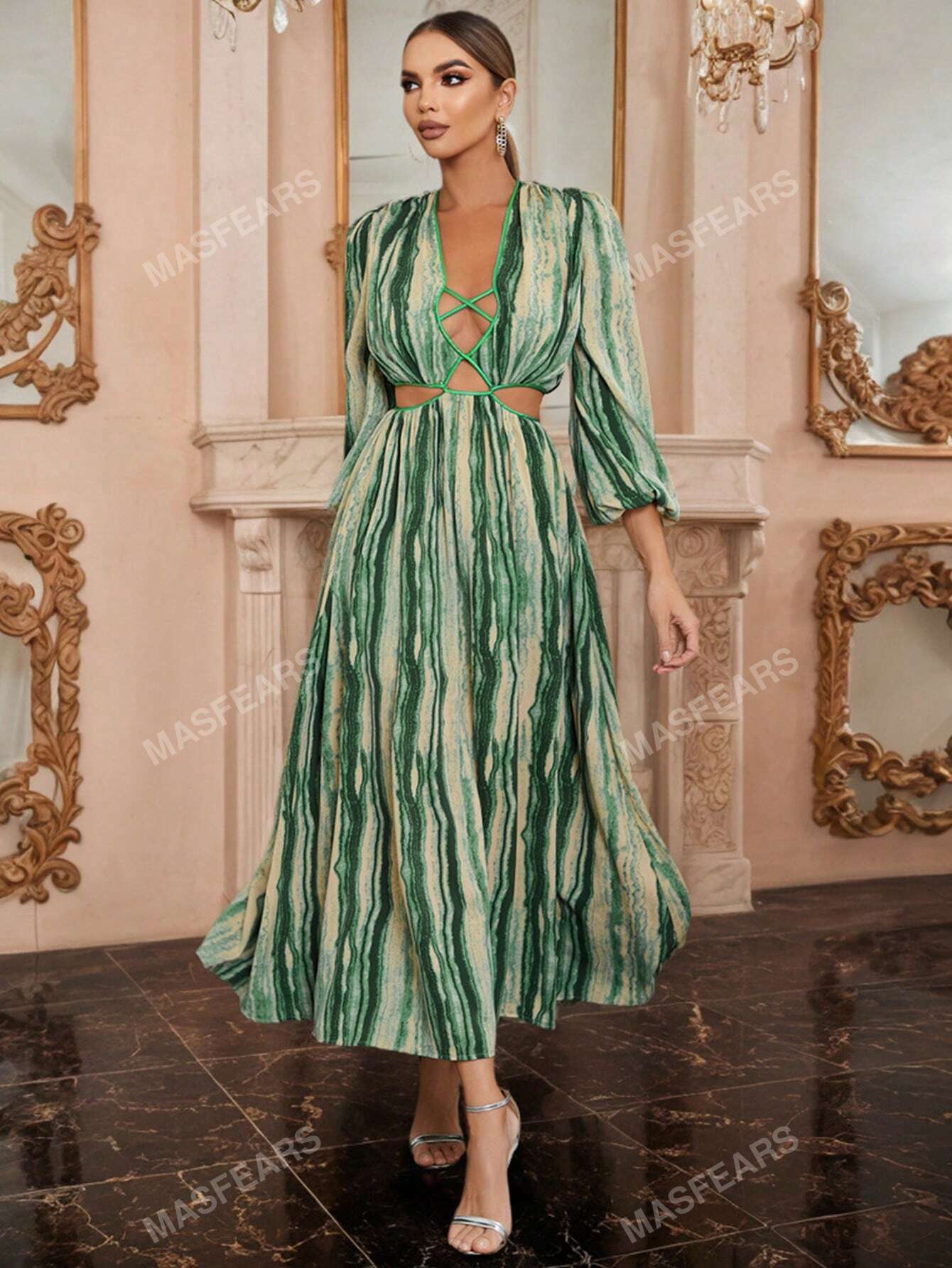 Rochie corset simplă și elegantă, lungă, verde brad, cu mâneci balon și decolteu adânc în formă de v