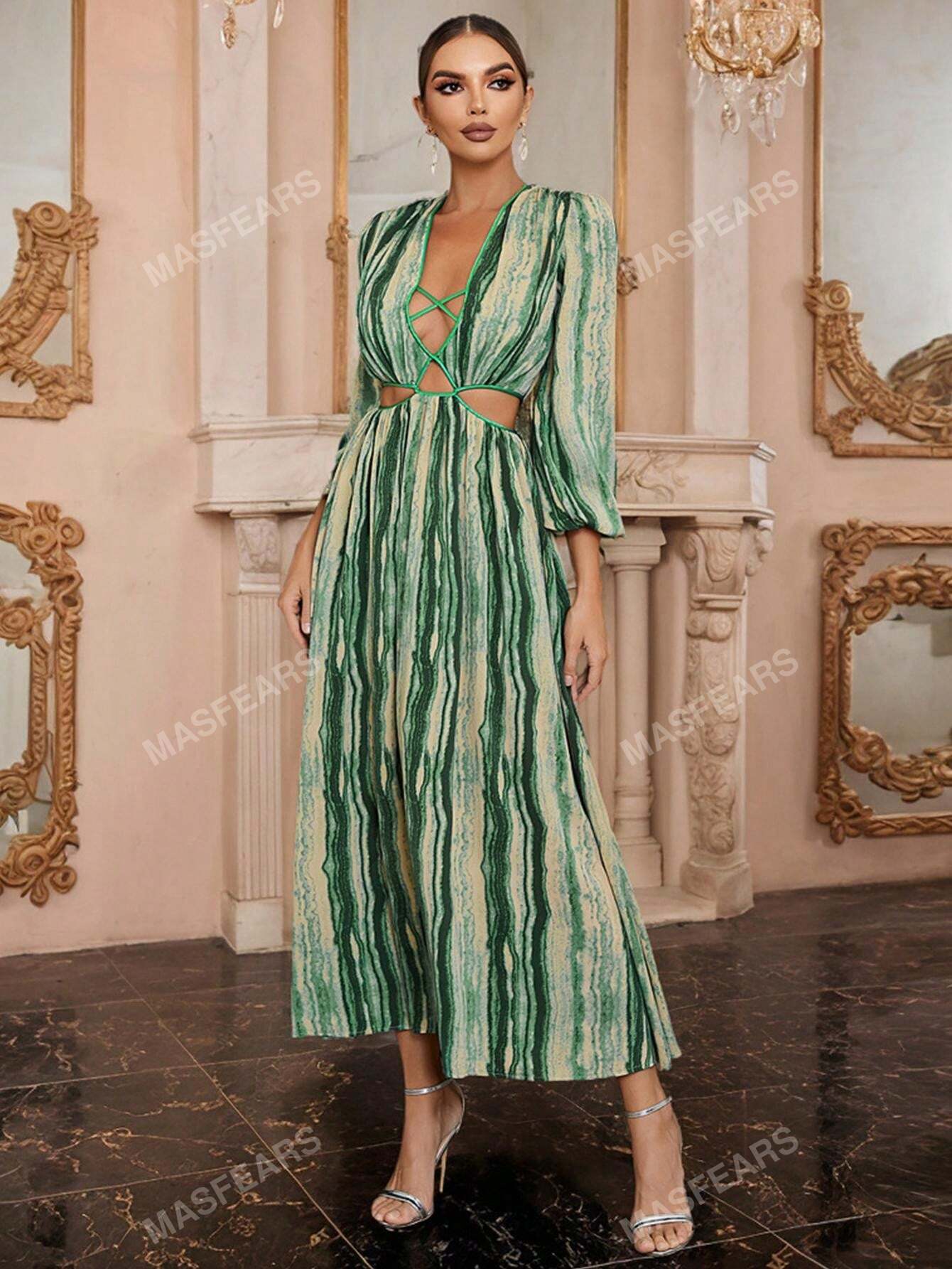 Rochie corset simplă și elegantă, lungă, verde brad, cu mâneci balon și decolteu adânc în formă de v