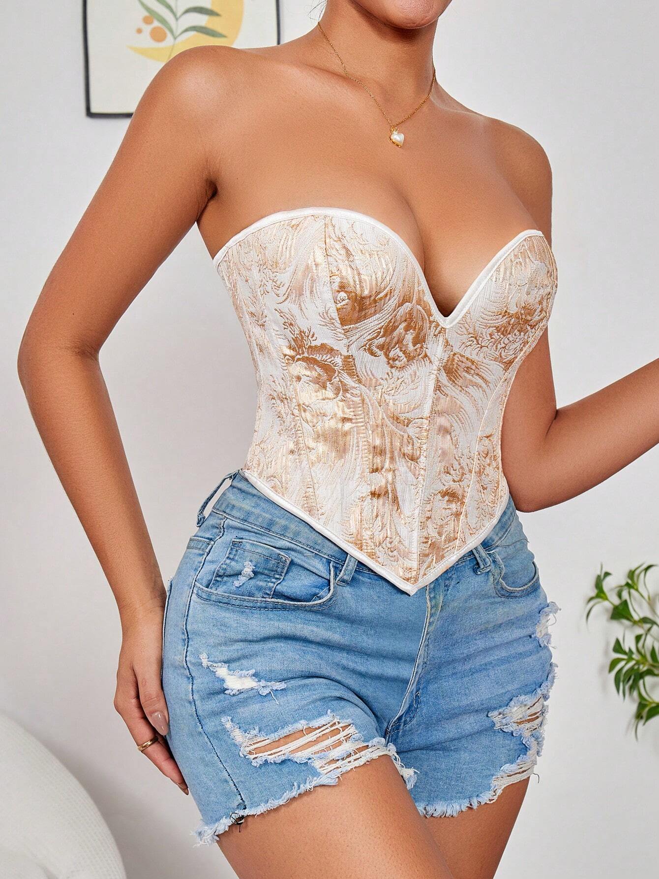 1 bucată femei aur corset topuri corset bustier sexy strapless crop-top dantelă dezosată sweetheart gât bodyshaper