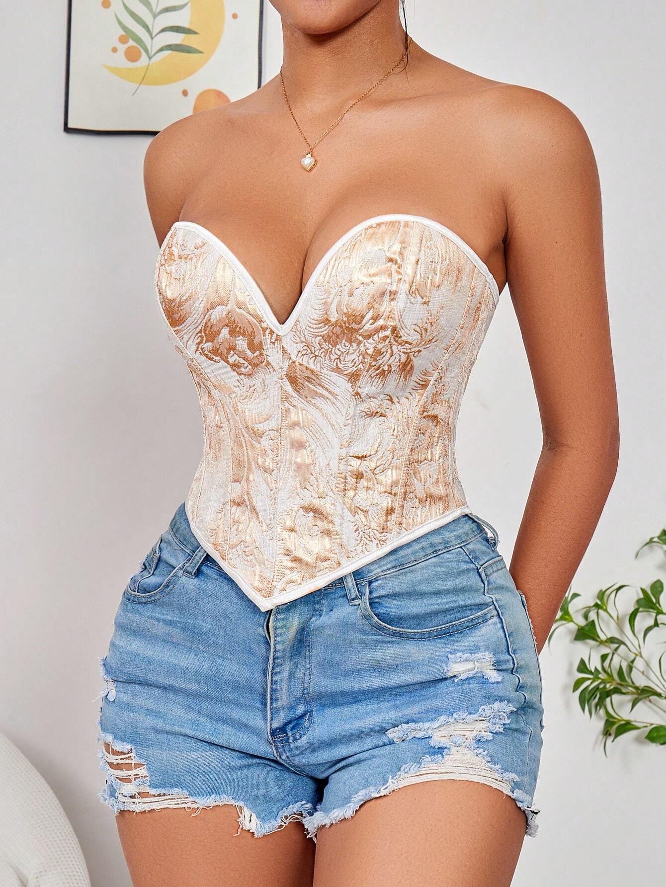 1 bucată femei aur corset topuri corset bustier sexy strapless crop-top dantelă dezosată sweetheart gât bodyshaper