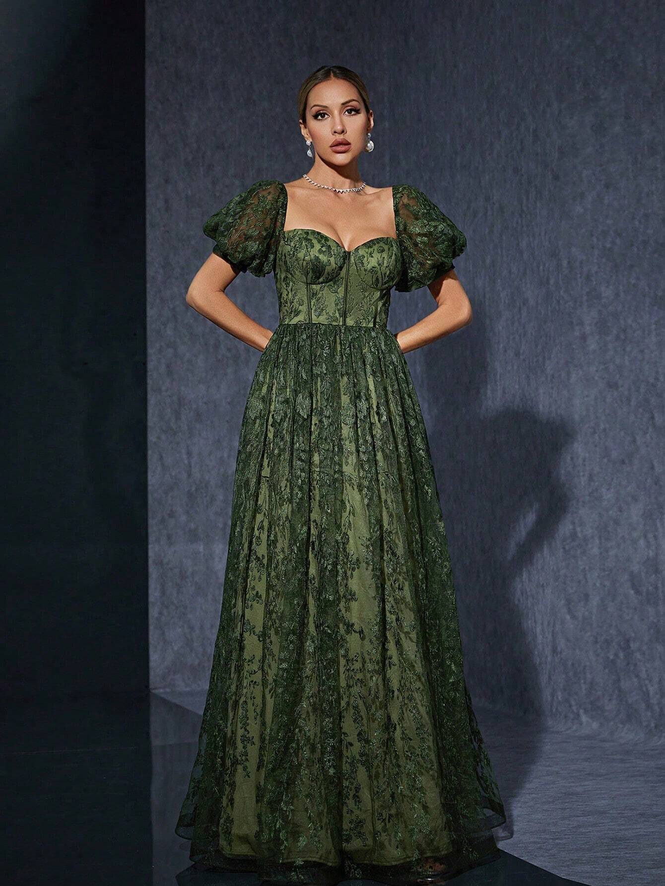 Rochie lungă verde militară de seară cu corset și leagăn pentru femei din satin, fără bretele, cu gât în formă de inimă, mâneci bufante, cupă pentru sutien din dantelă brodată