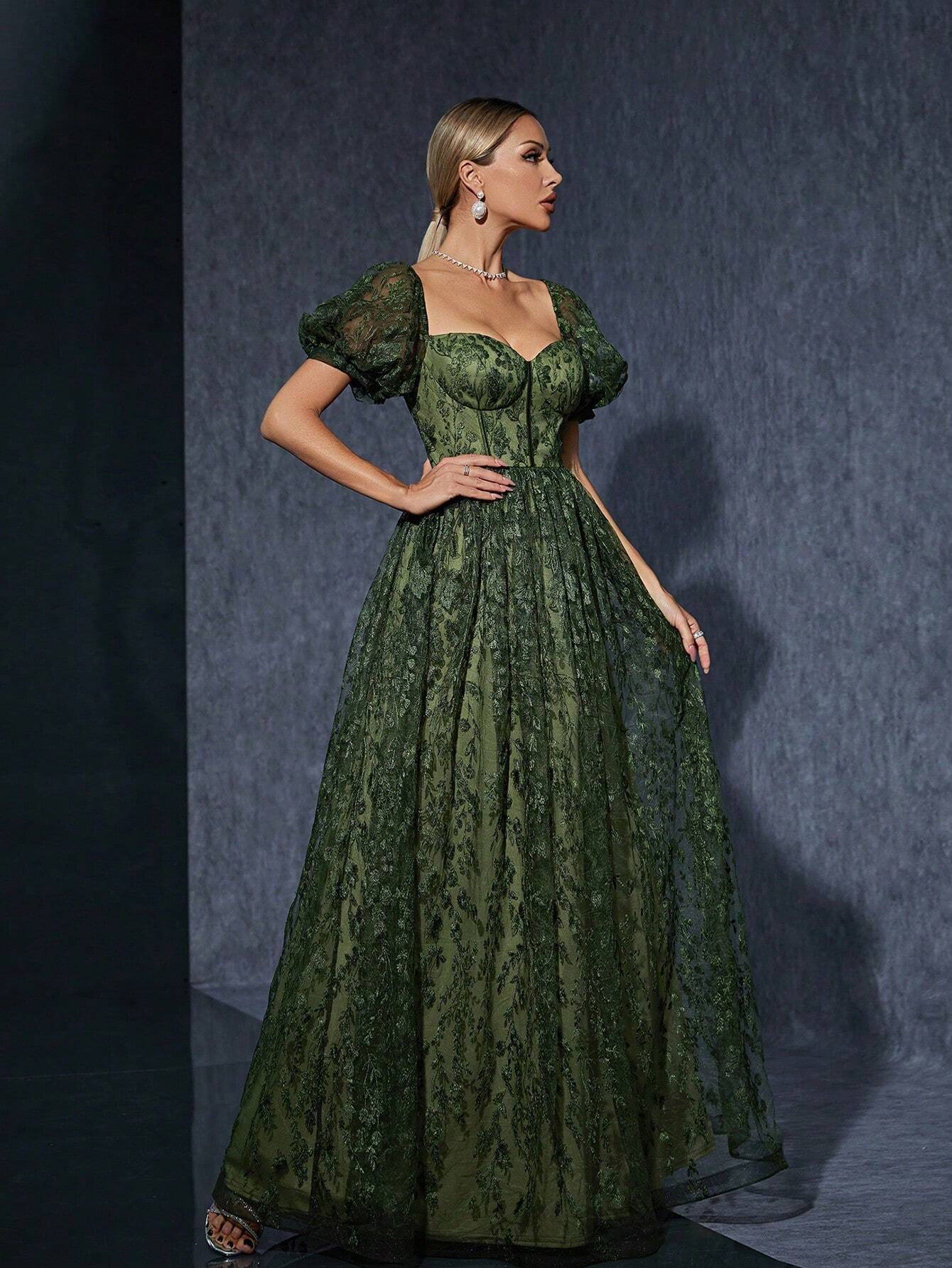 Rochie lungă verde militară de seară cu corset și leagăn pentru femei din satin, fără bretele, cu gât în formă de inimă, mâneci bufante, cupă pentru sutien din dantelă brodată