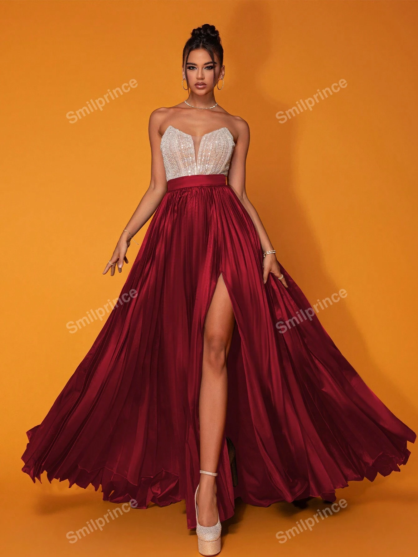 Rochie corset lung roșu închis fără bretele burgundy smilprince