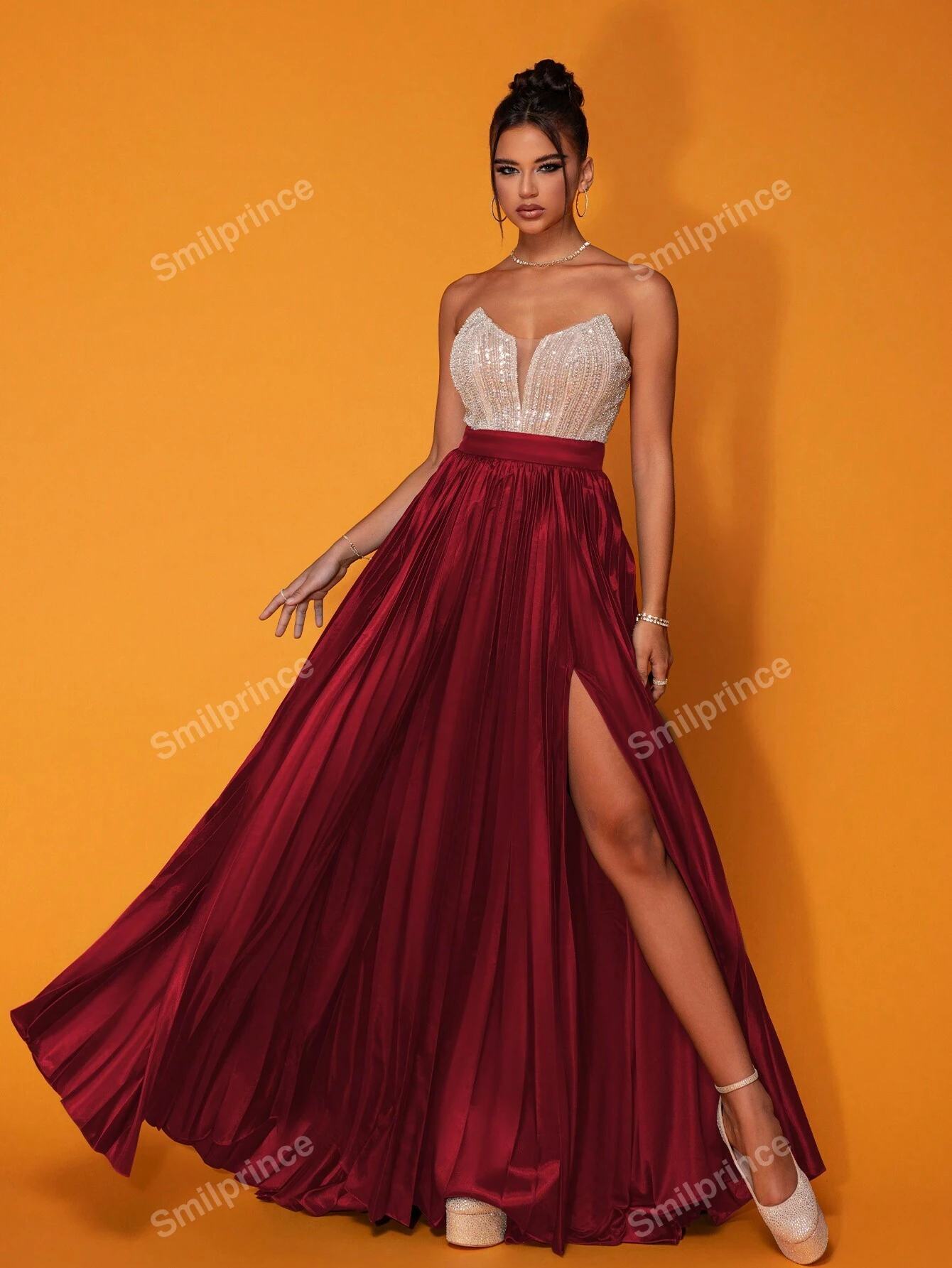 Rochie corset lung roșu închis fără bretele burgundy smilprince