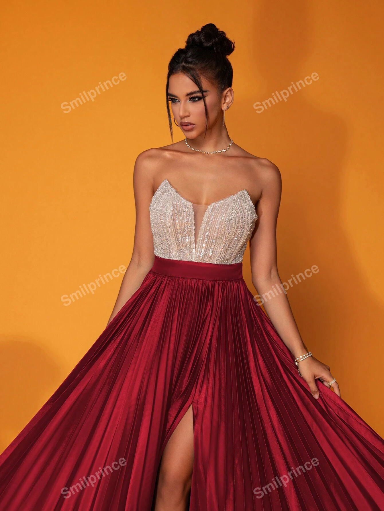 Rochie corset lung roșu închis fără bretele burgundy smilprince