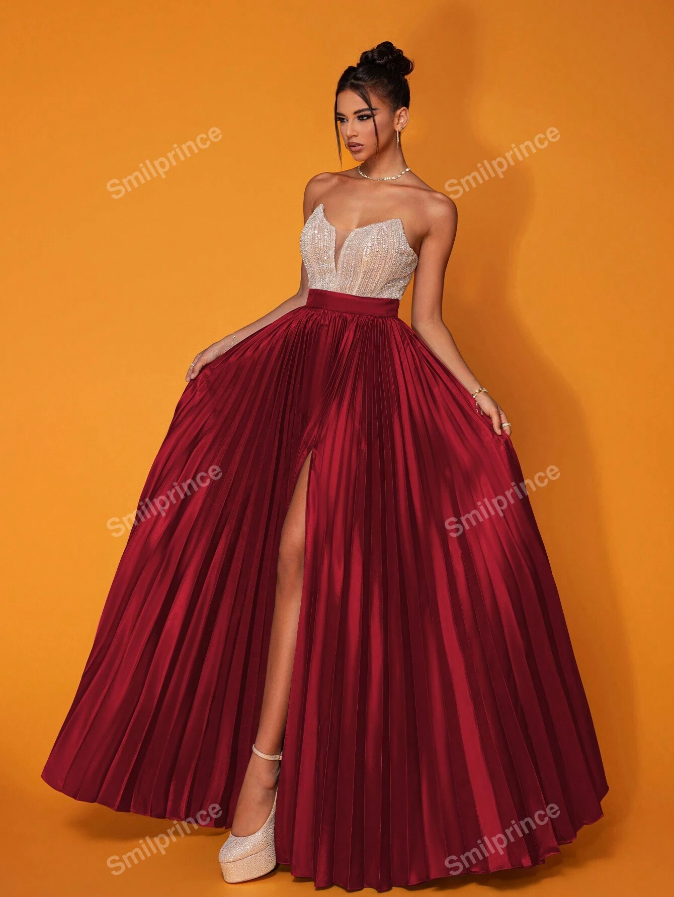 Rochie corset lung roșu închis fără bretele burgundy smilprince