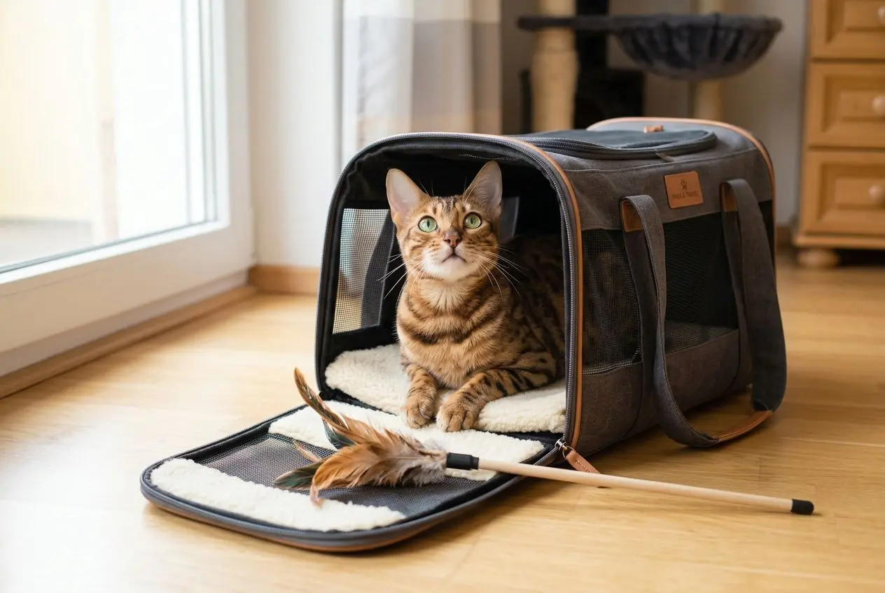 Bengalkat, der nysgerrigt kigger ind i en transporttaske til katte, der står på et lyst trægulv.