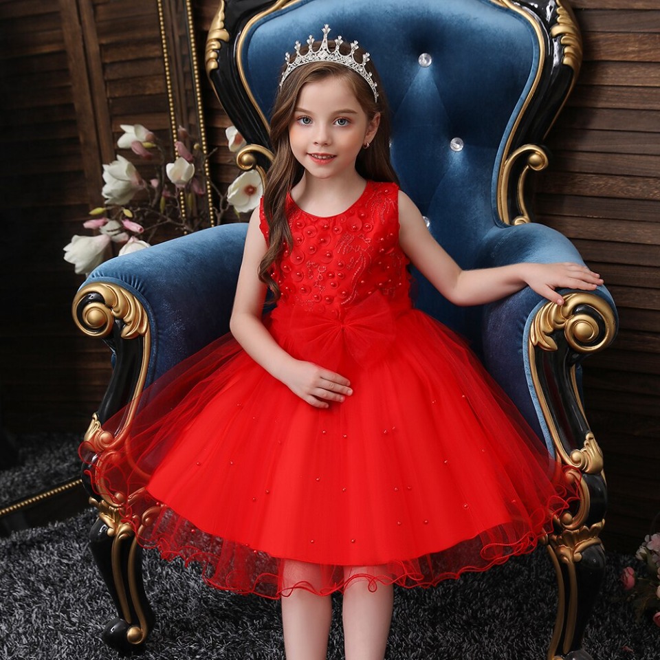 Prinzessin-Mädchen-Kleid Rot mit Perlen