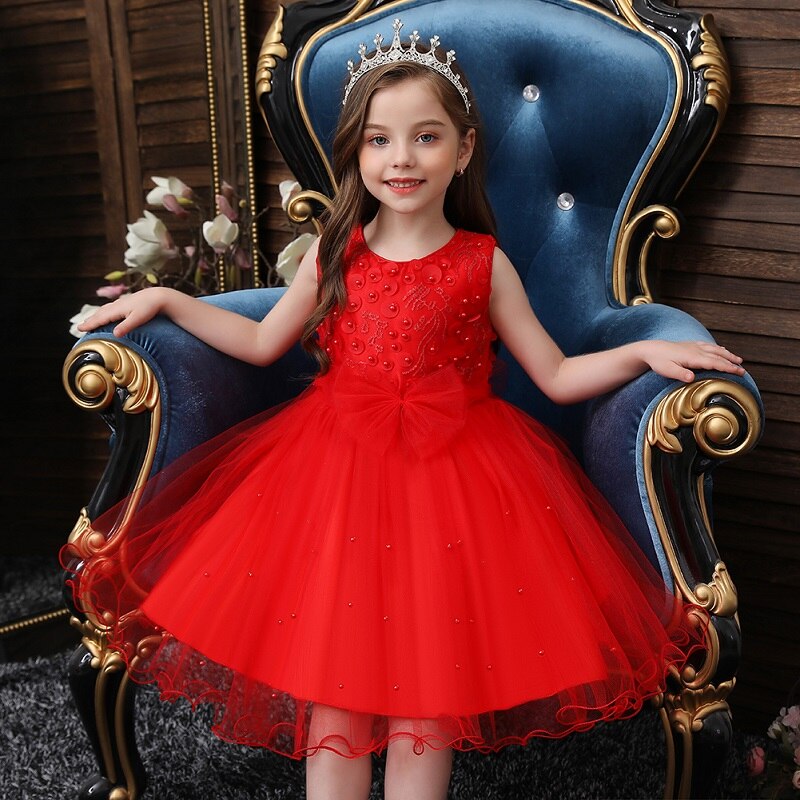 Prinzessin-Mädchen-Kleid Rot mit Perlen