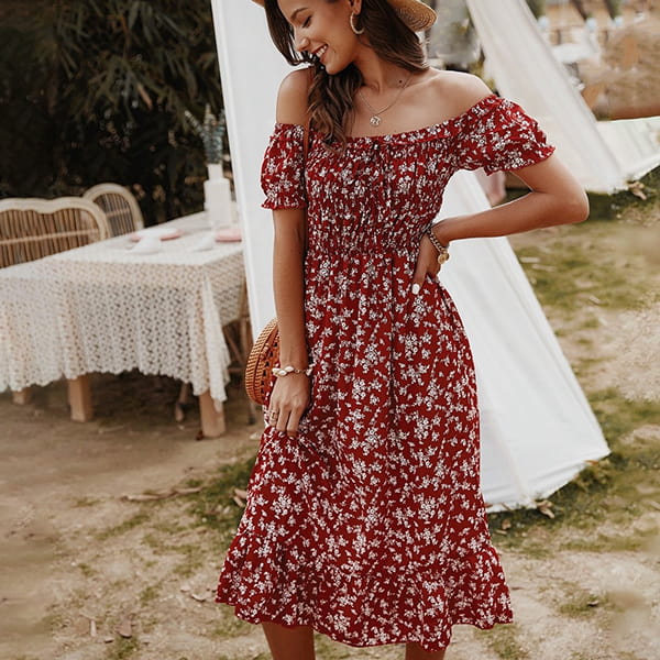 Bohemian floral midi-length φόρεμα