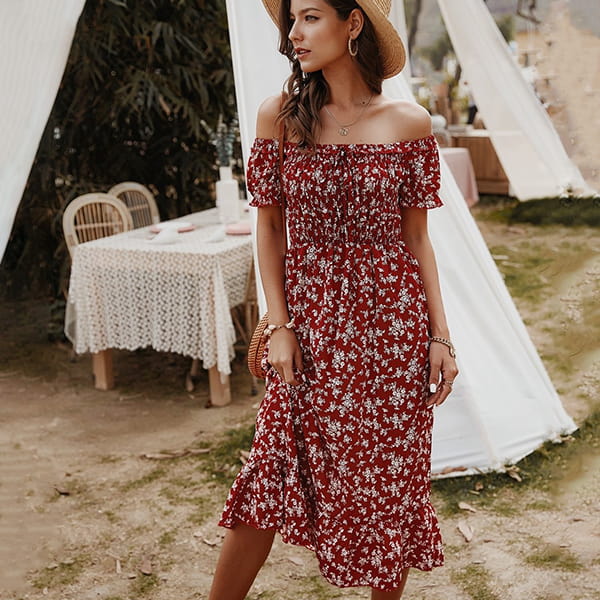 Bohemian floral midi-length φόρεμα