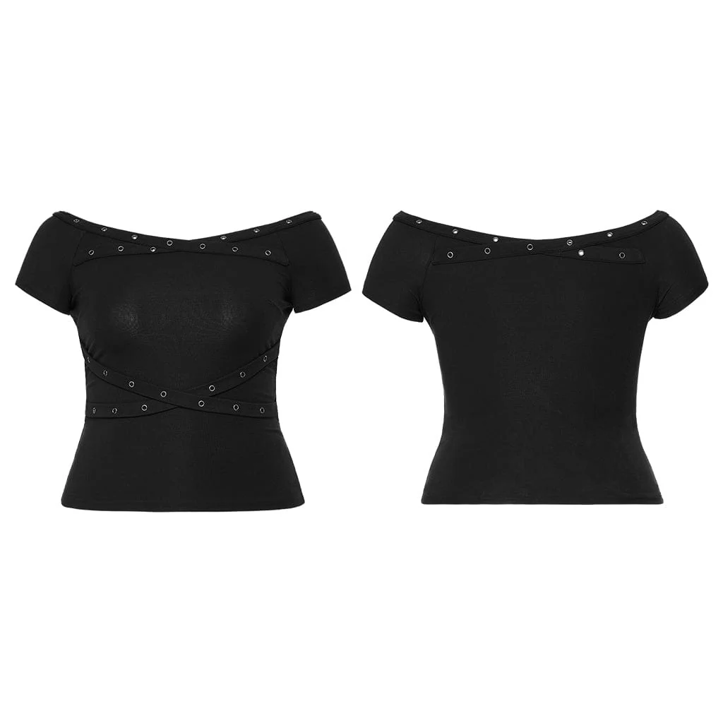 Bluză gotică de damă Plus Size cu umerii goi și bretele cu capse