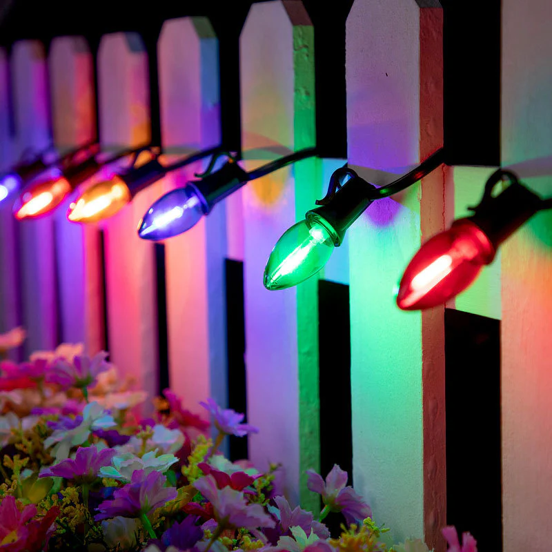 C7 RGB kültéri karácsonyi fényfüzér, törésálló és vízálló, E12 műanyag izzók