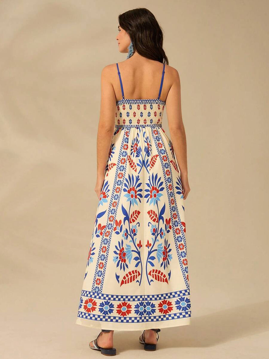 Graphic Printed Shirred Loose Vacation Dress YF25531