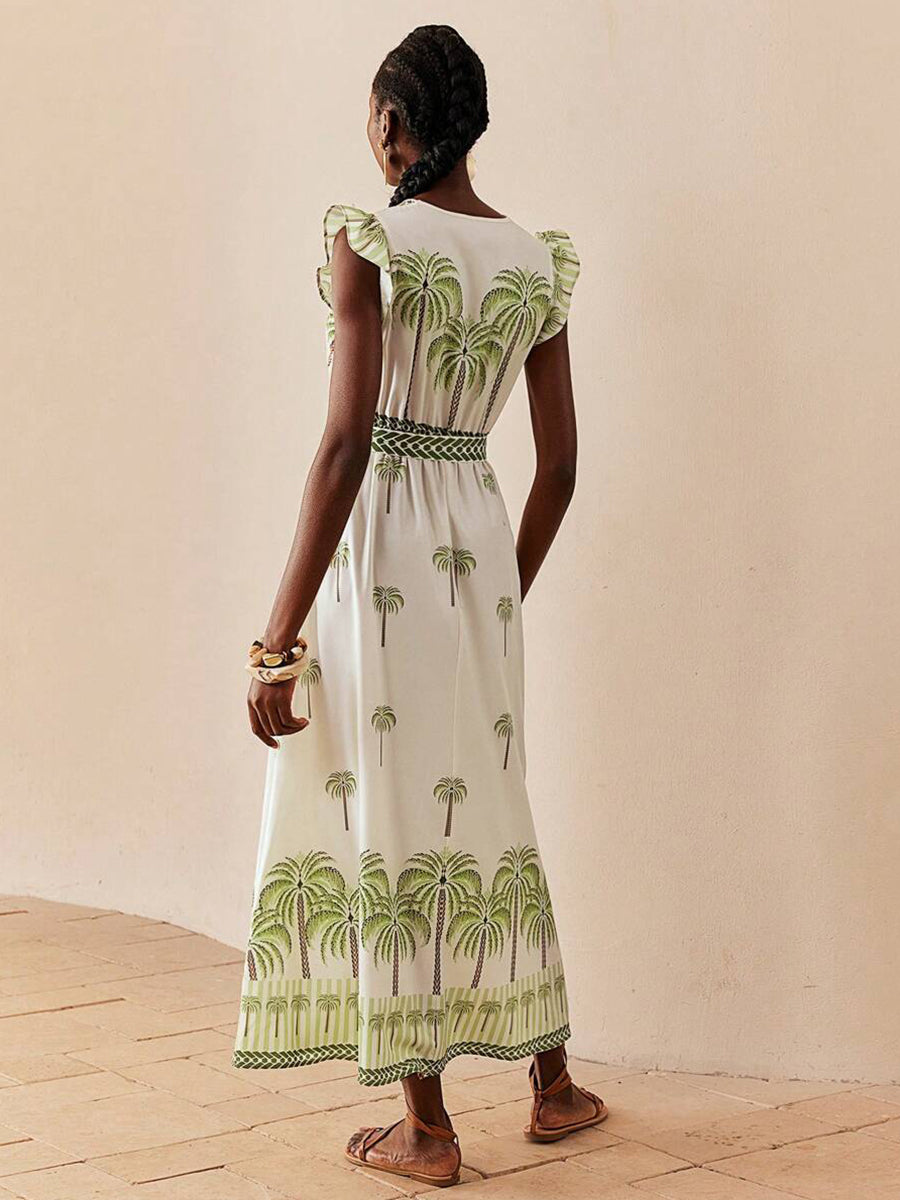 Wrap Ruffled Printed Plants Vacation Dress YF25538
