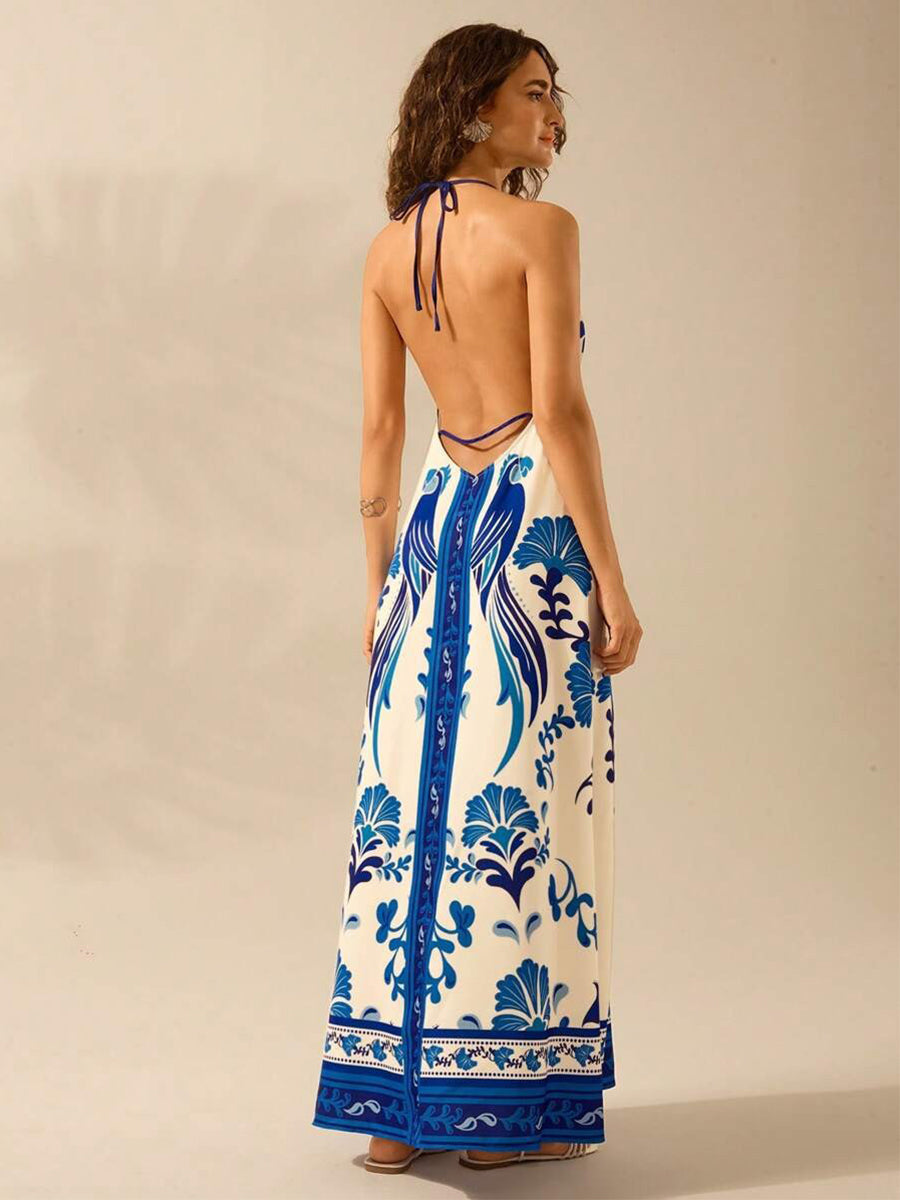 Vestido de férias sem costas com corte floral azul YF25526