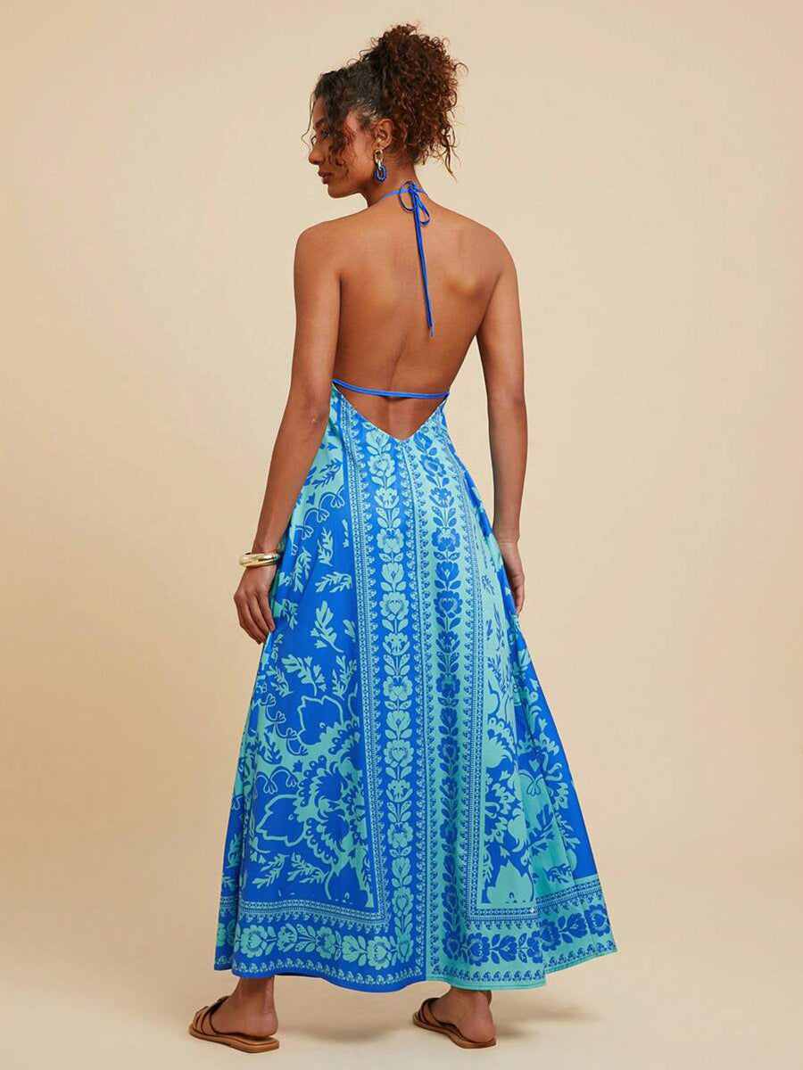 Blå Tribal Halter Backless Vacation Dress YF25526