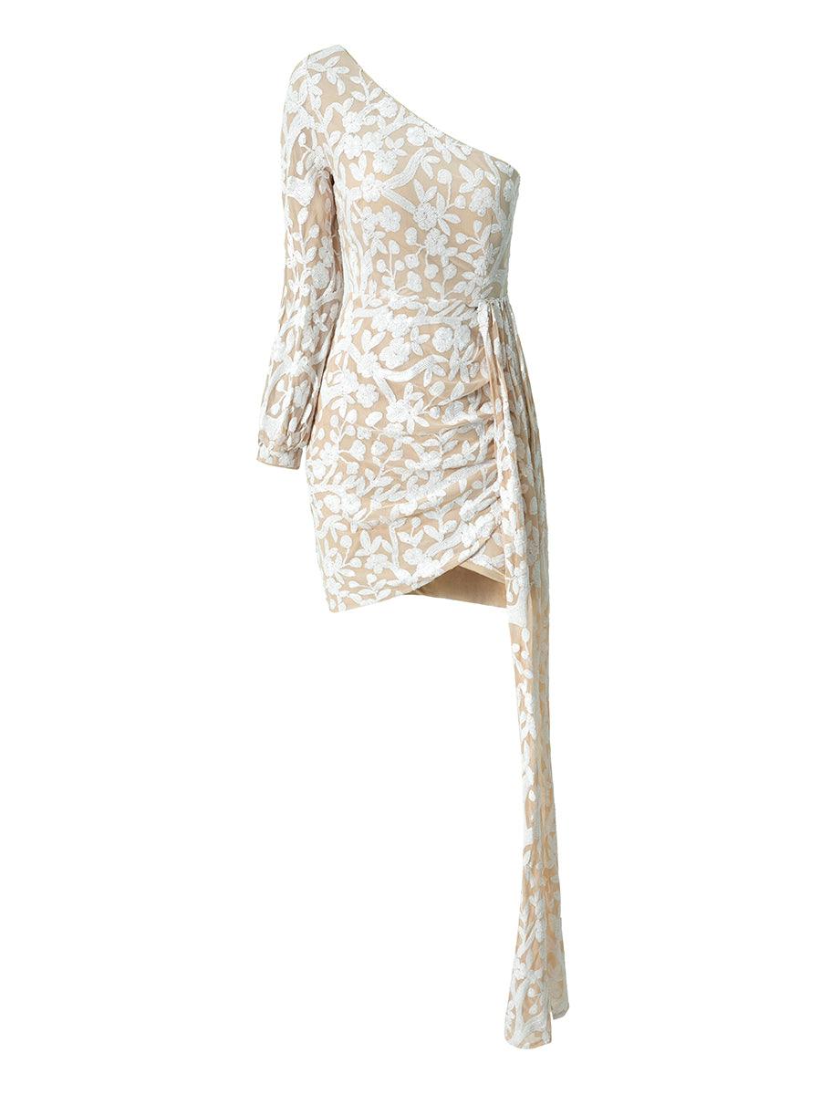 Mini vestido drapeado de um ombro com flores de damasco XJ1387