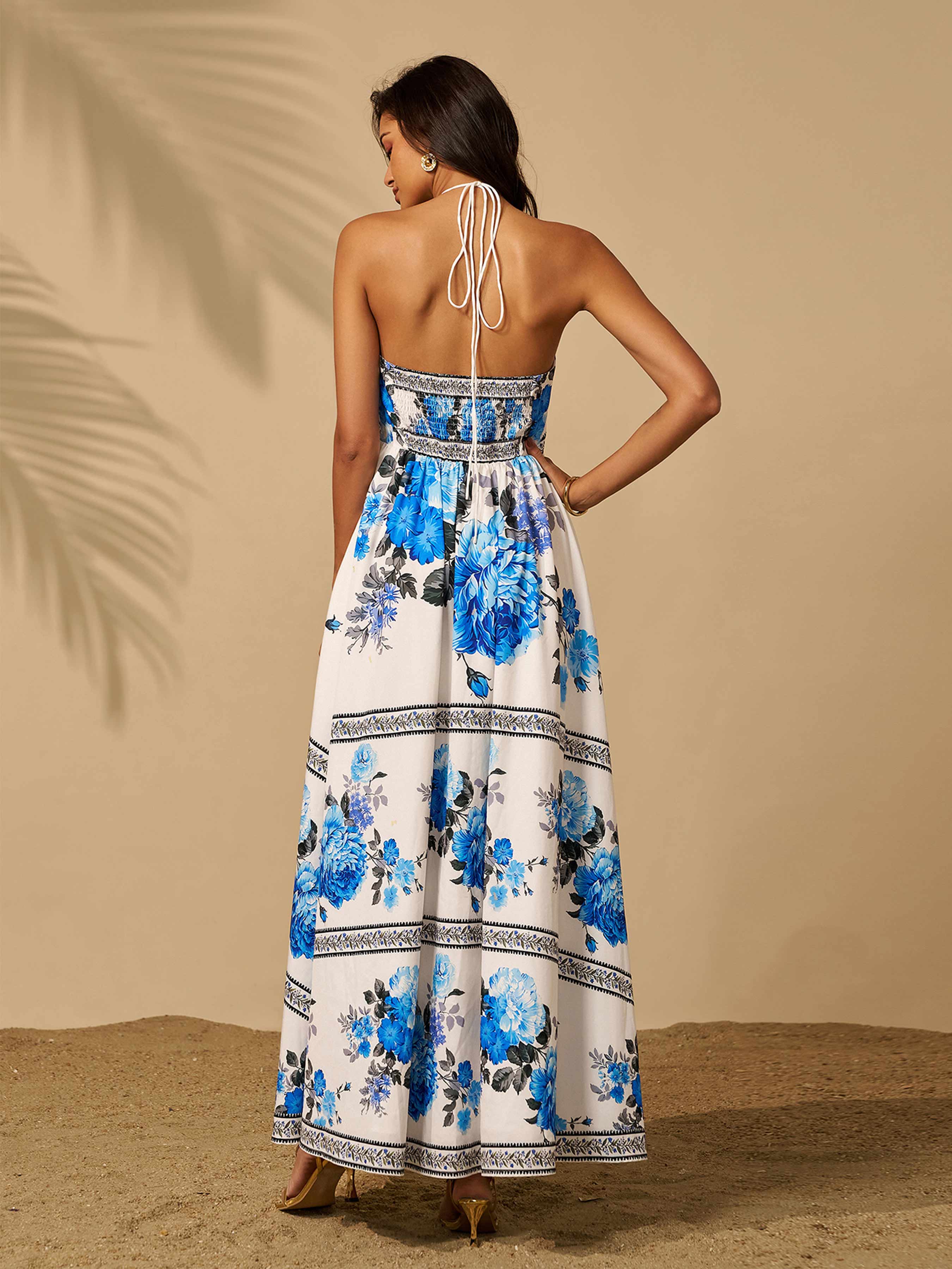 Blå blomstret Split Halter Backless Vacation Dress RX70442