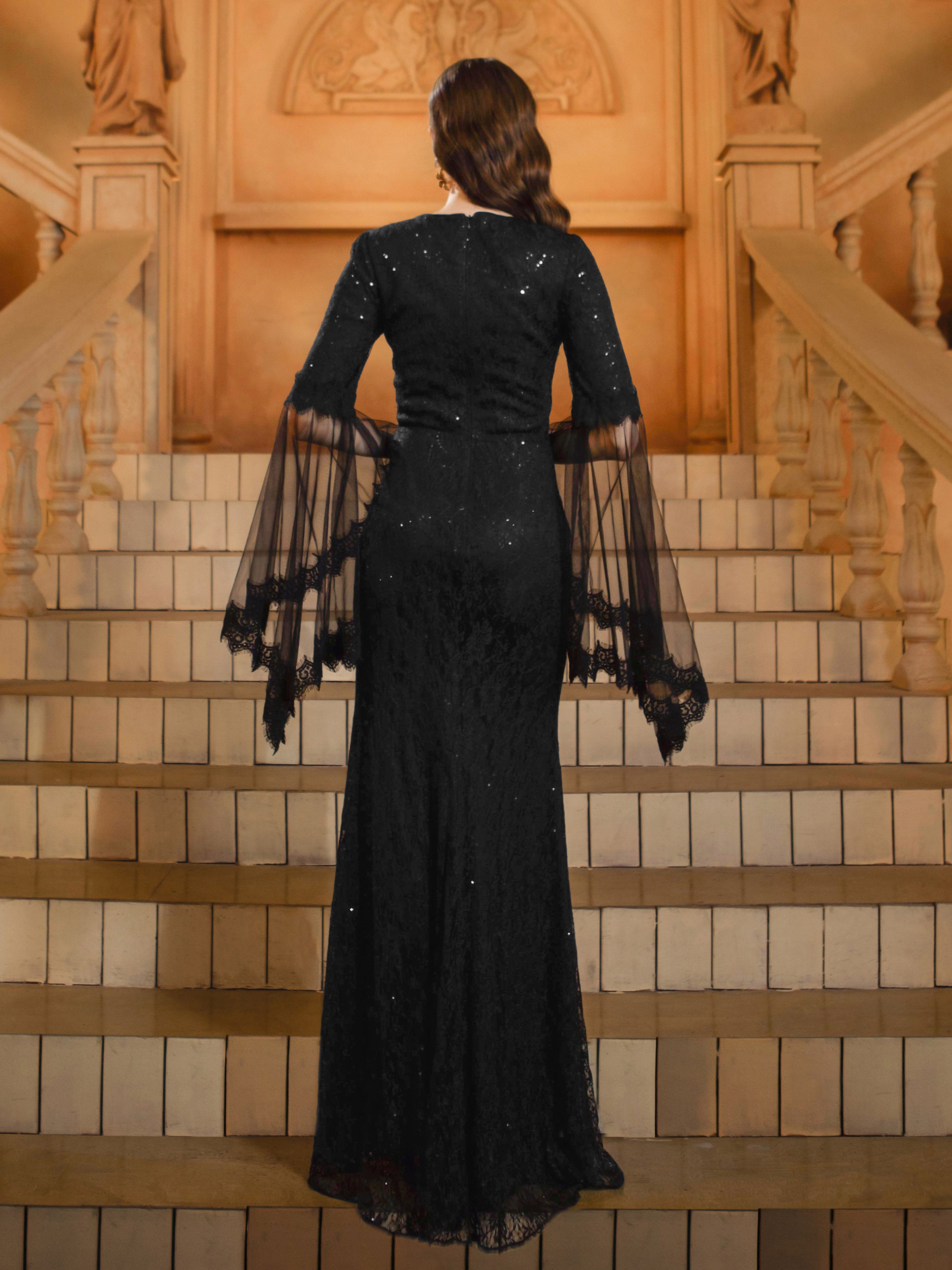 Sort V-udskæring Gothic Sequin Prom Dress DH80410