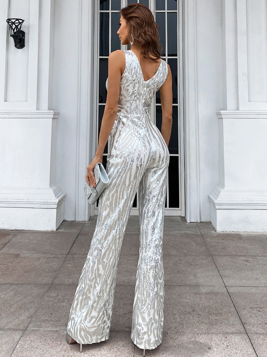 Sølv paillet V-hals Geometrisk Prom Jumpsuit M01628