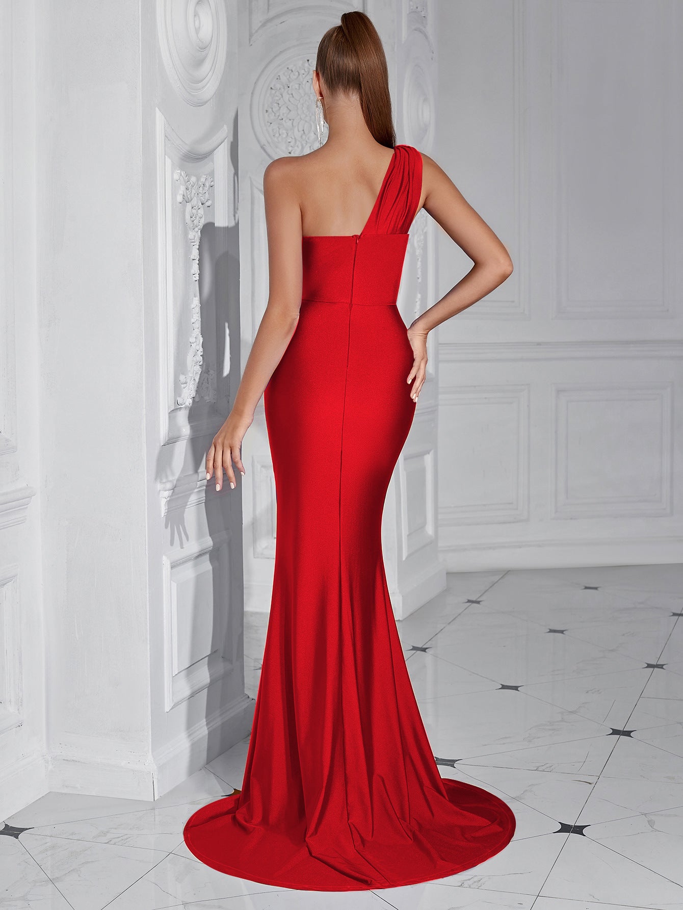 Rød flæseopdelt one shoulder-cocktailkjole XF05701