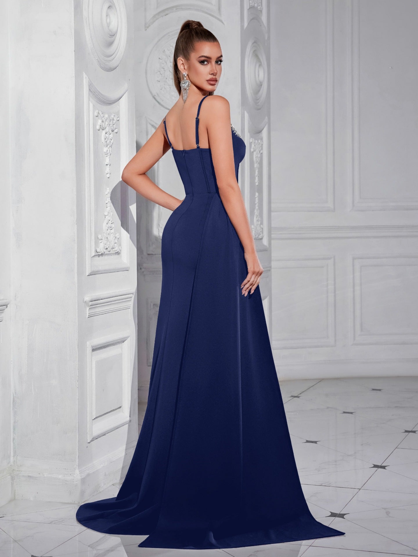 Navy Sweetheart Neck Corset Split Aftenkjole XF05703