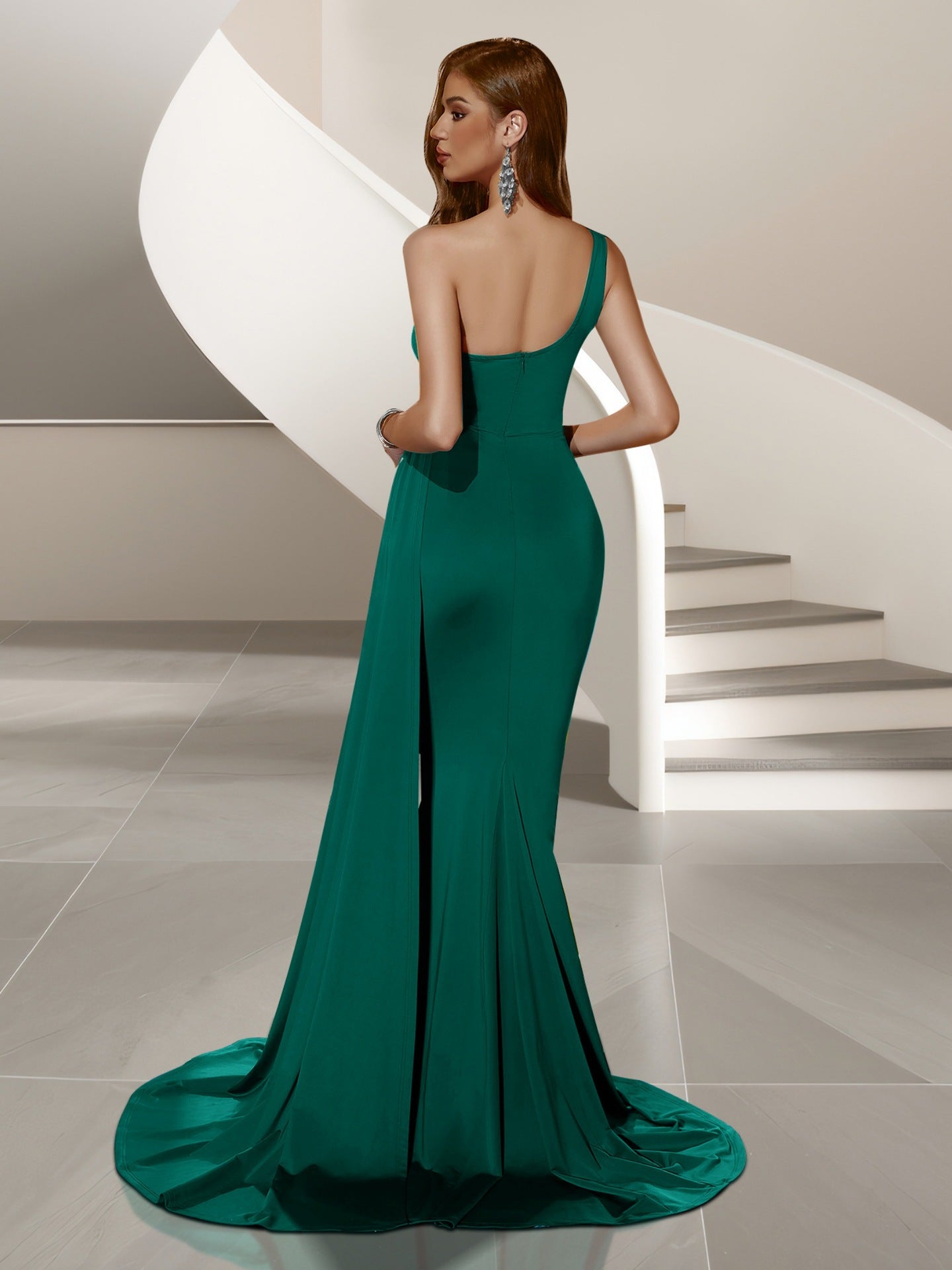 Vestido de noite sereia assimétrico drapeado sem costas XF05712