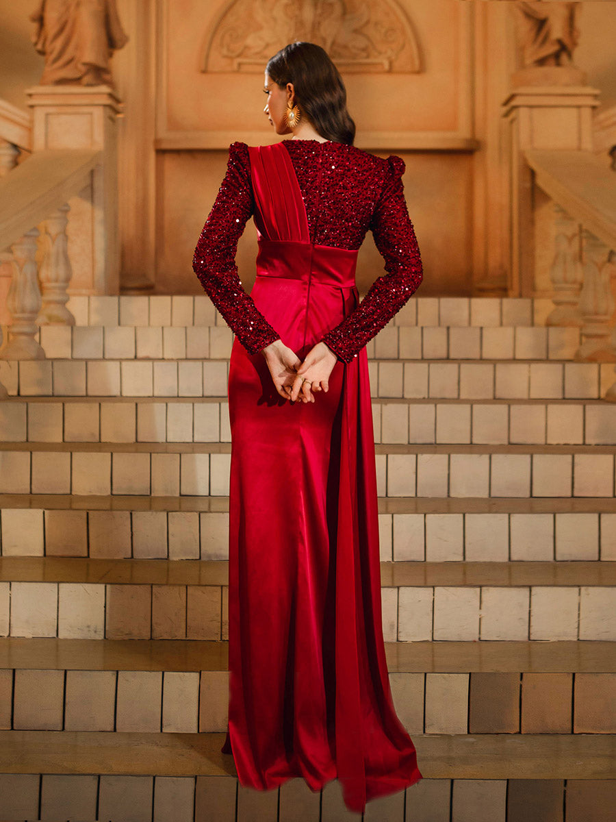Vestido de Baile de Manga Comprida Ruched com Painel Vermelho DH80422
