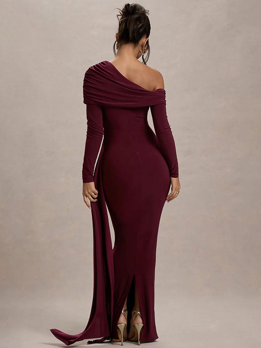 MYC2024 Solid Ruched Boat Neck Ribbon Prom Dress