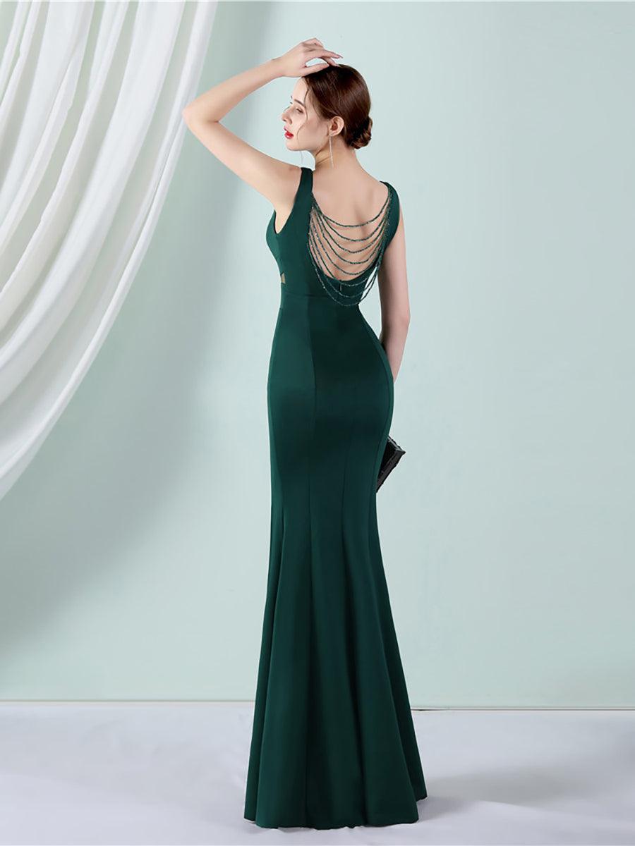 V-udskæring Solid Cutout Back Chain Prom Dress MYC2012