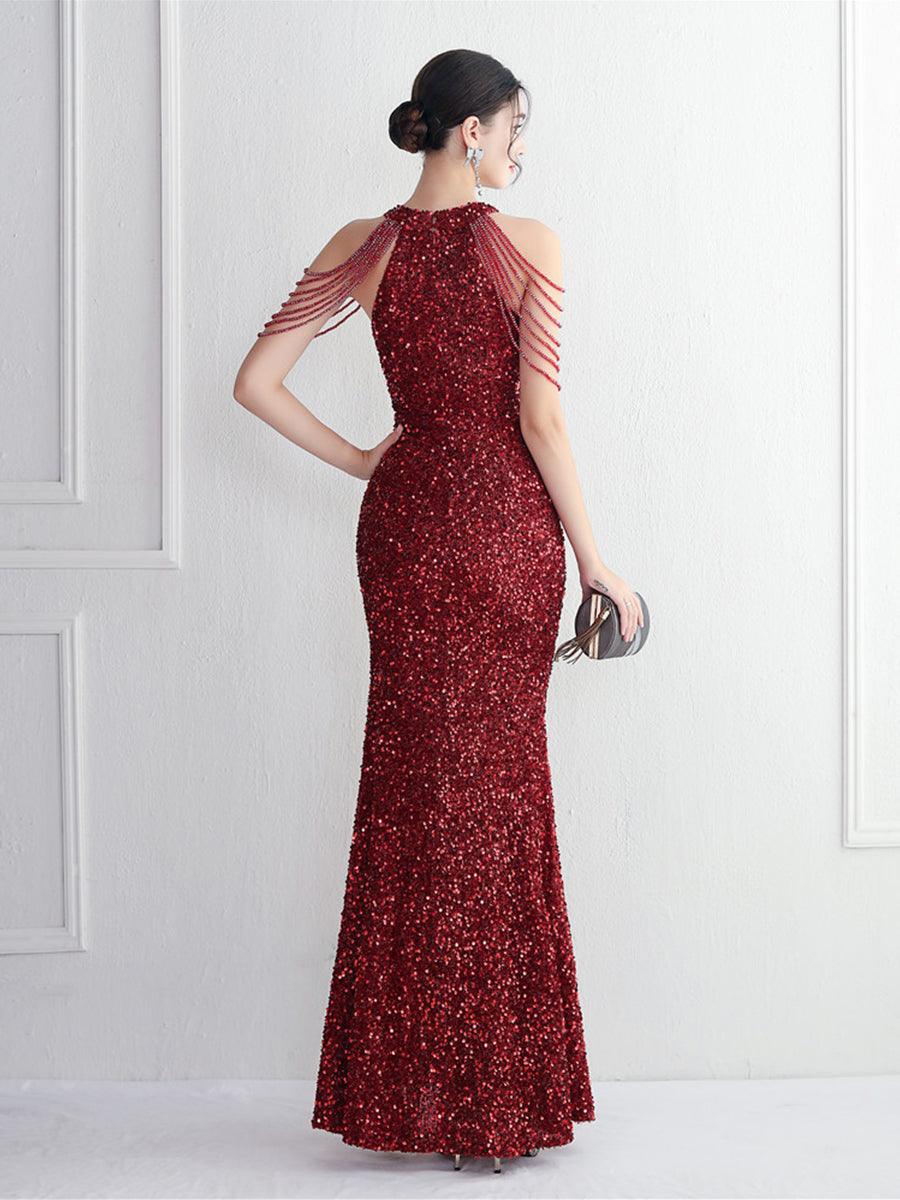 Vestido de cocktail elegante com lantejoulas e missangas com corrente MYC2003