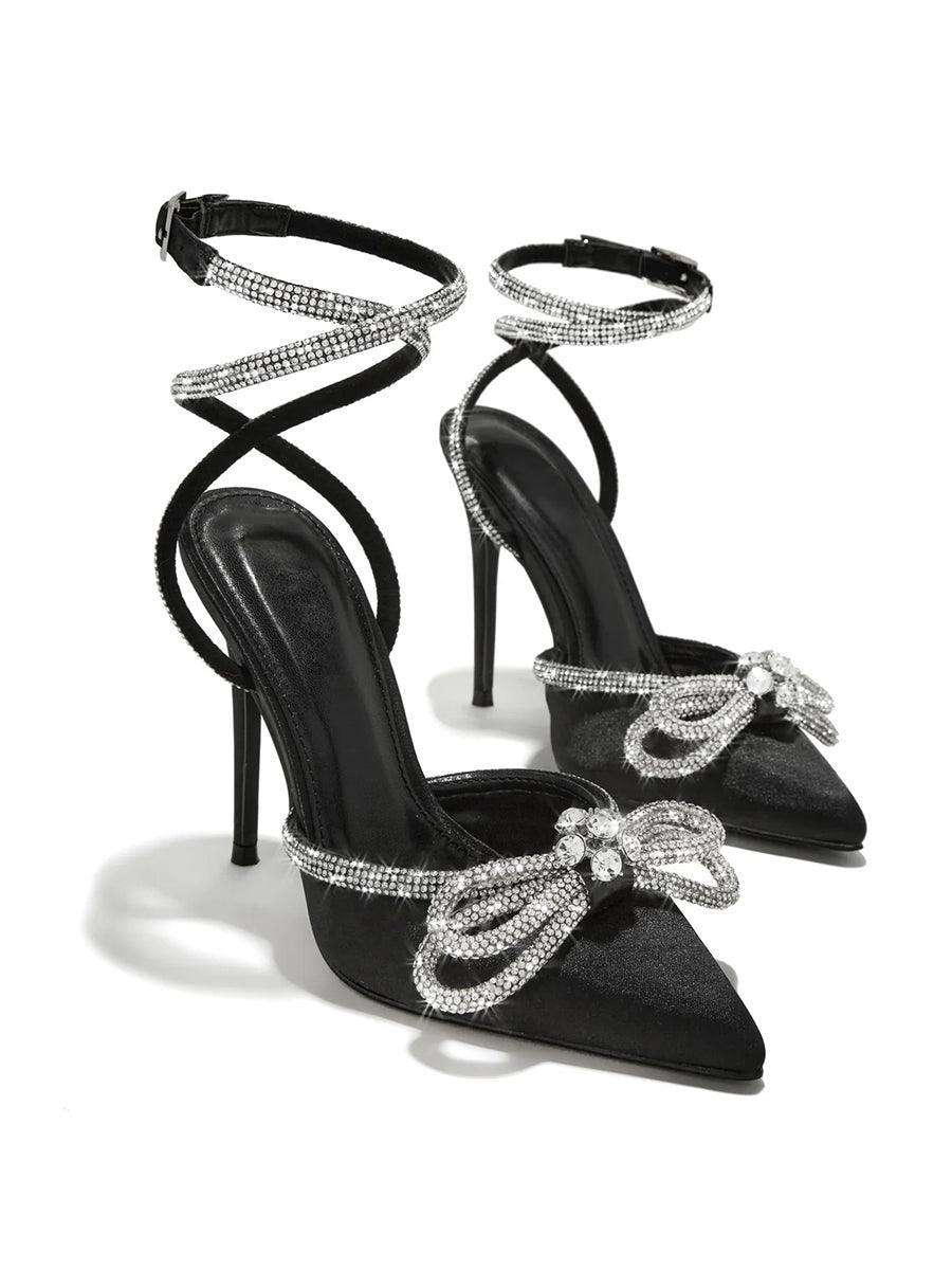 Sapatos finos e pontiagudos com laço e strass MHE1117